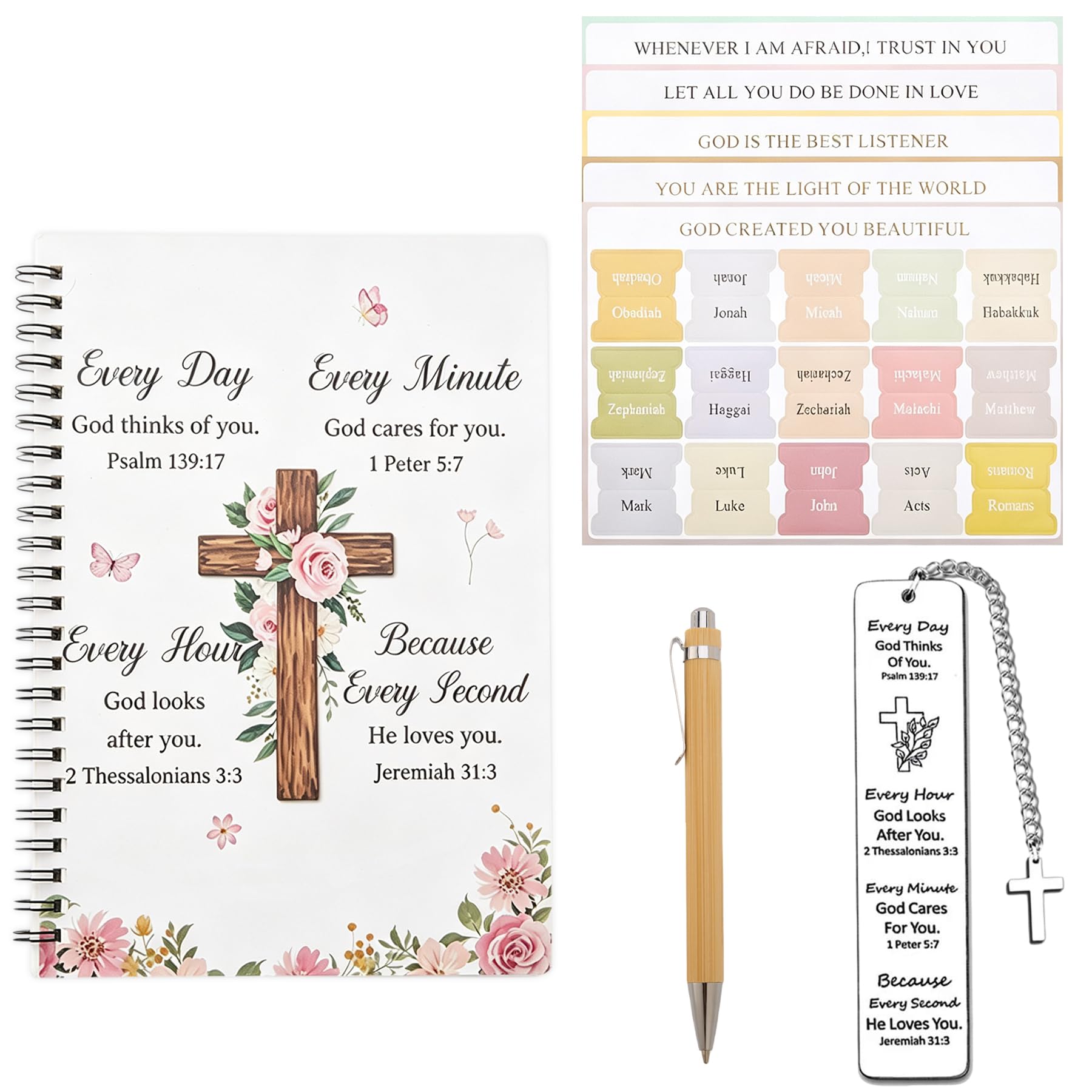 Christian Bookmarks - 4PCS Bible Gifts, Christian Notebook, Christian Pen, Bible Tabs and Bookmarks, Stationery Gifts for Women, Baptism Gift for Women, Religious Stationery Set for Christmas