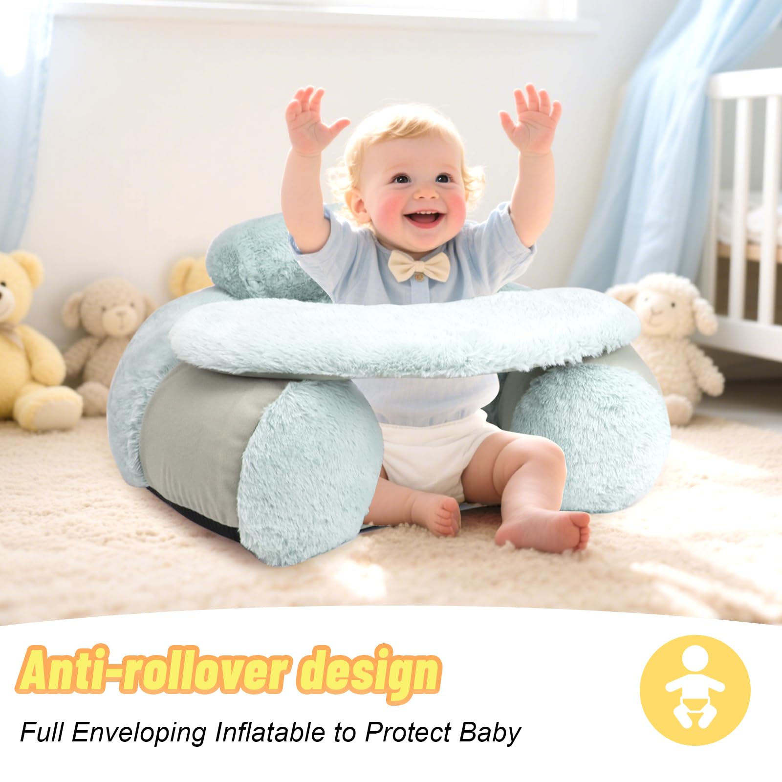 KAKIBLIN Baby Sit Me Up Seat, Inflatable Baby Seat with Cover for Babies 3-36 Months,Portable,Inflatable Sit & Play Floor Seat for Sitting Up,Inflatable Baby Chair Baby Seats for Sitting Up Gray