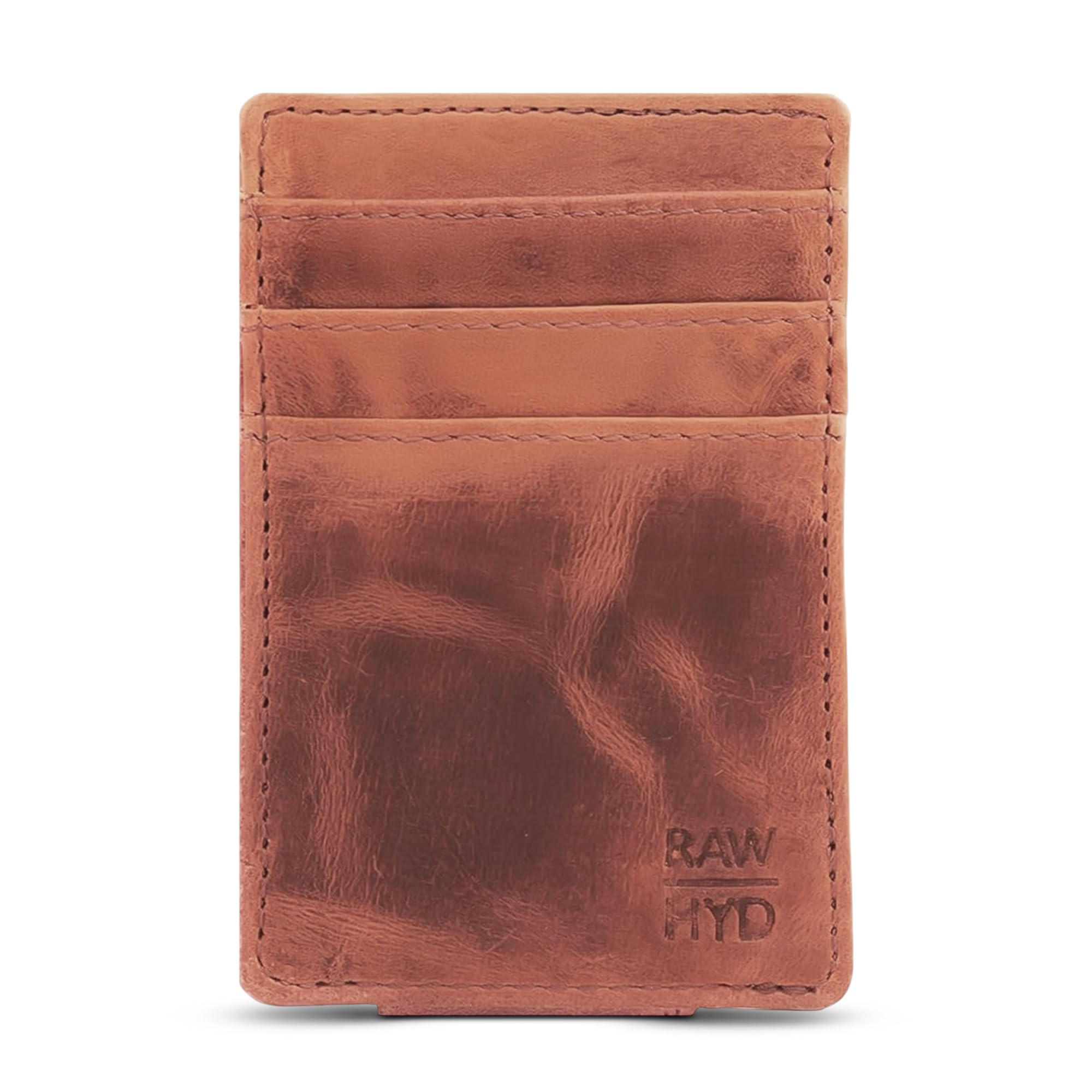 RAW HYD Men's Full-Grain Leather Slim Wallet with Money Clip - RFID Blocking, 5 Card Sleeves, Holds 15 Bills, Compact & Durable - Hunter Brown
