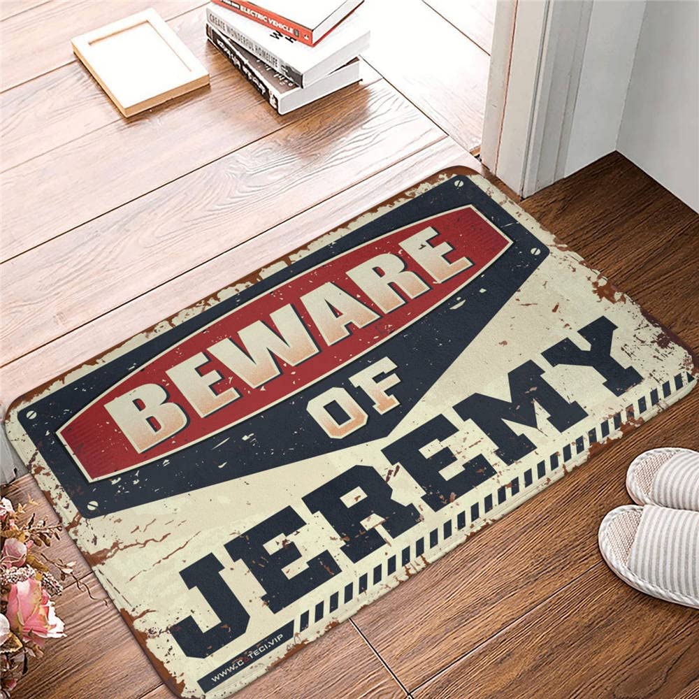 Felpudo de bienvenida para entrada al aire libre, diseño con texto en inglés "Hello Beware of Jeremy", regalo de jardín, decoración retro (65 x 90 cm)