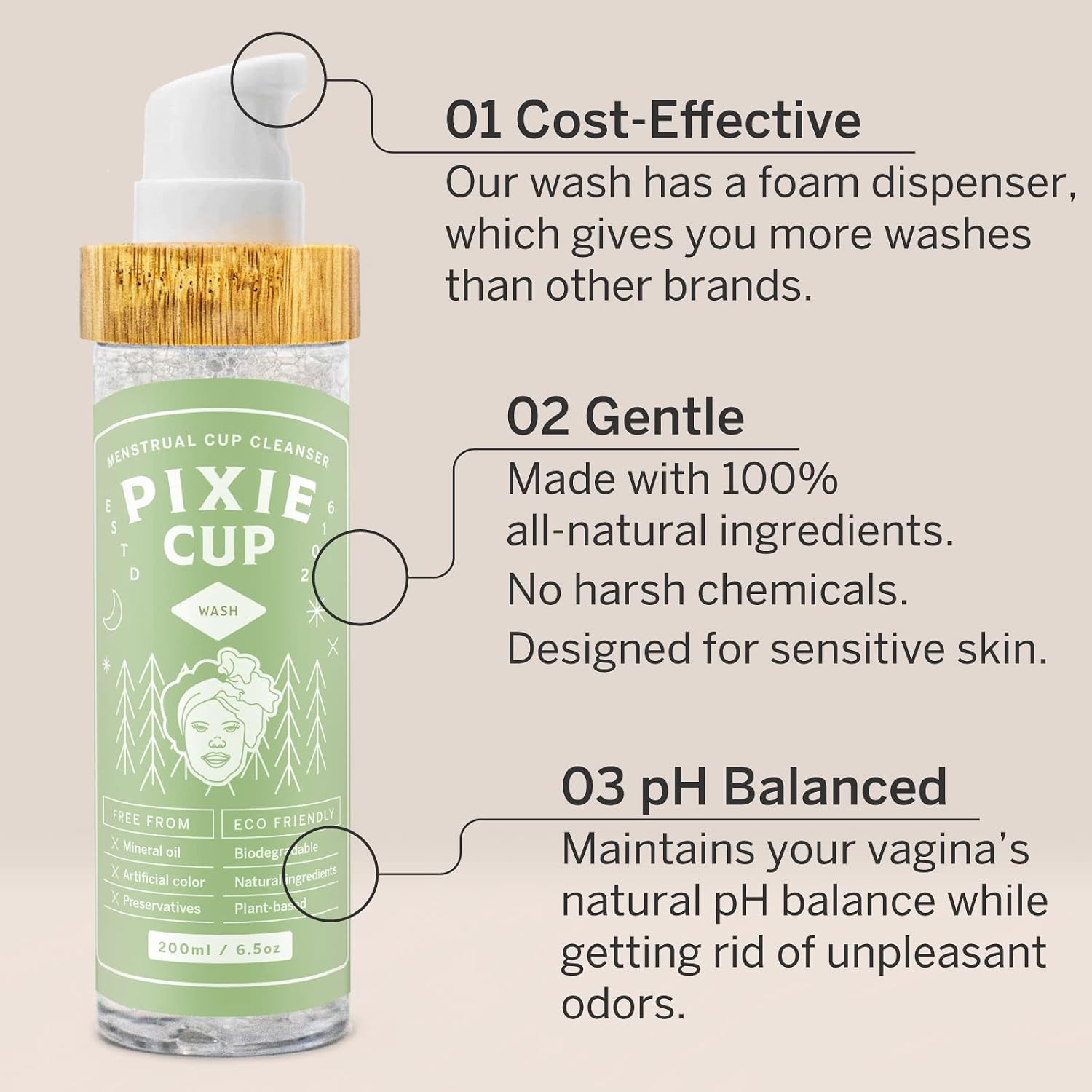 Pixie Menstrual Cup Wash - Foaming Dispenser - Cleaner Sterilizer for Period Cups & Discs - pH Balanced & Natural Organic Ingredients - Most Loved Formula to Wash Your Cup - Real Bamboo Lid (6.7oz)