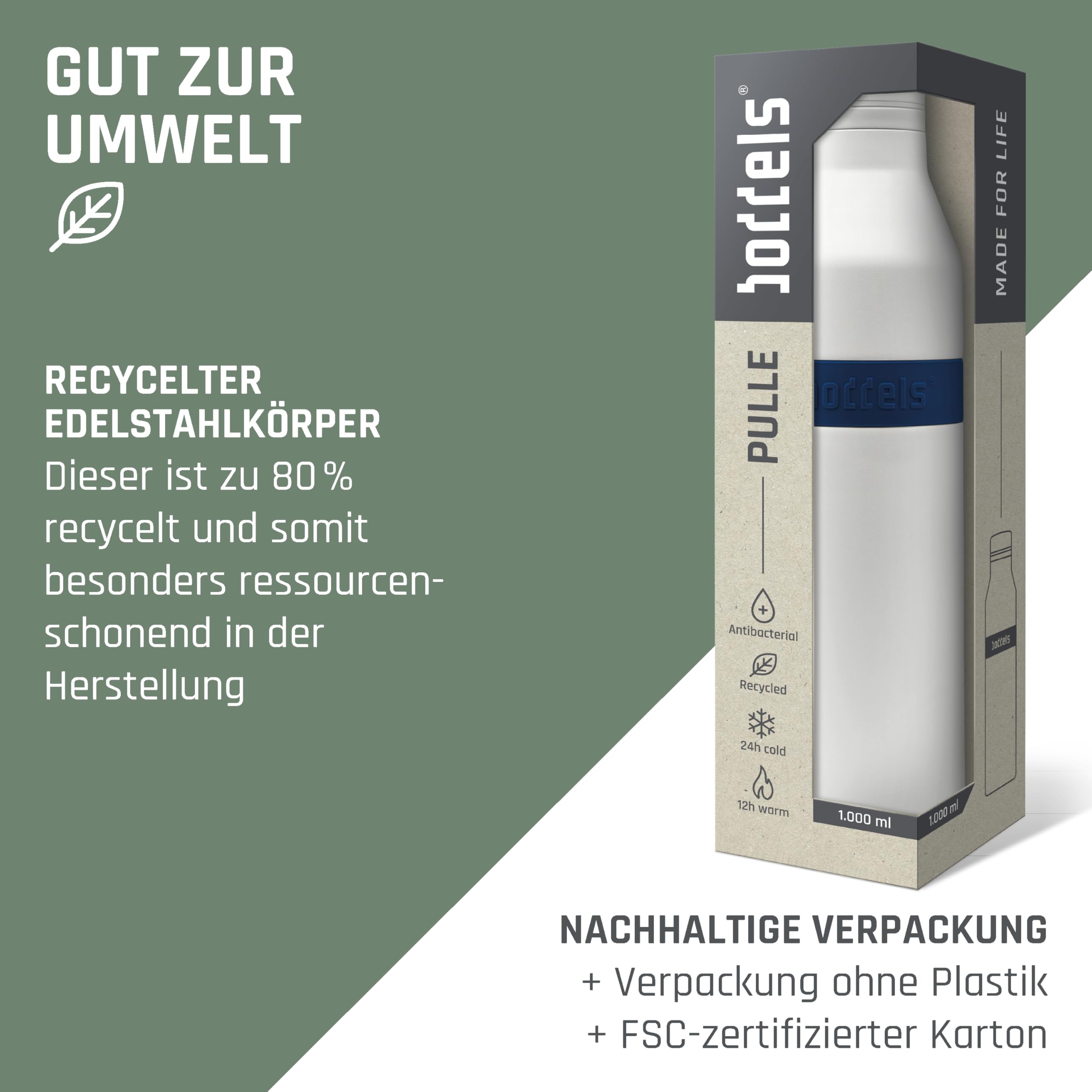 PULLE Edelstahl Trinkflasche 1l Thermosflasche 24h kalt & 12h warm, Auslaufsicher, Spülmaschinenfest, Kohlensäure geeignet, Sprudel, Hygieneverschluss, Recycelter Edelstahl (Weiß/Nachtblau, 1000ml)