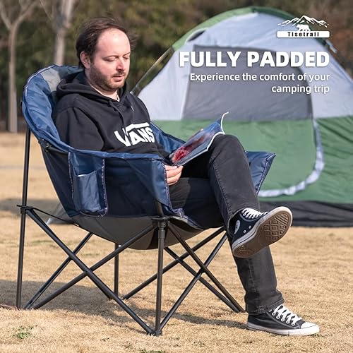 Miniatura 8 de Silla de campamento de gran tamaño acolchada con forma de luna redonda con soporte para tazas y bolsa de transporte, silla plegable y cómoda para