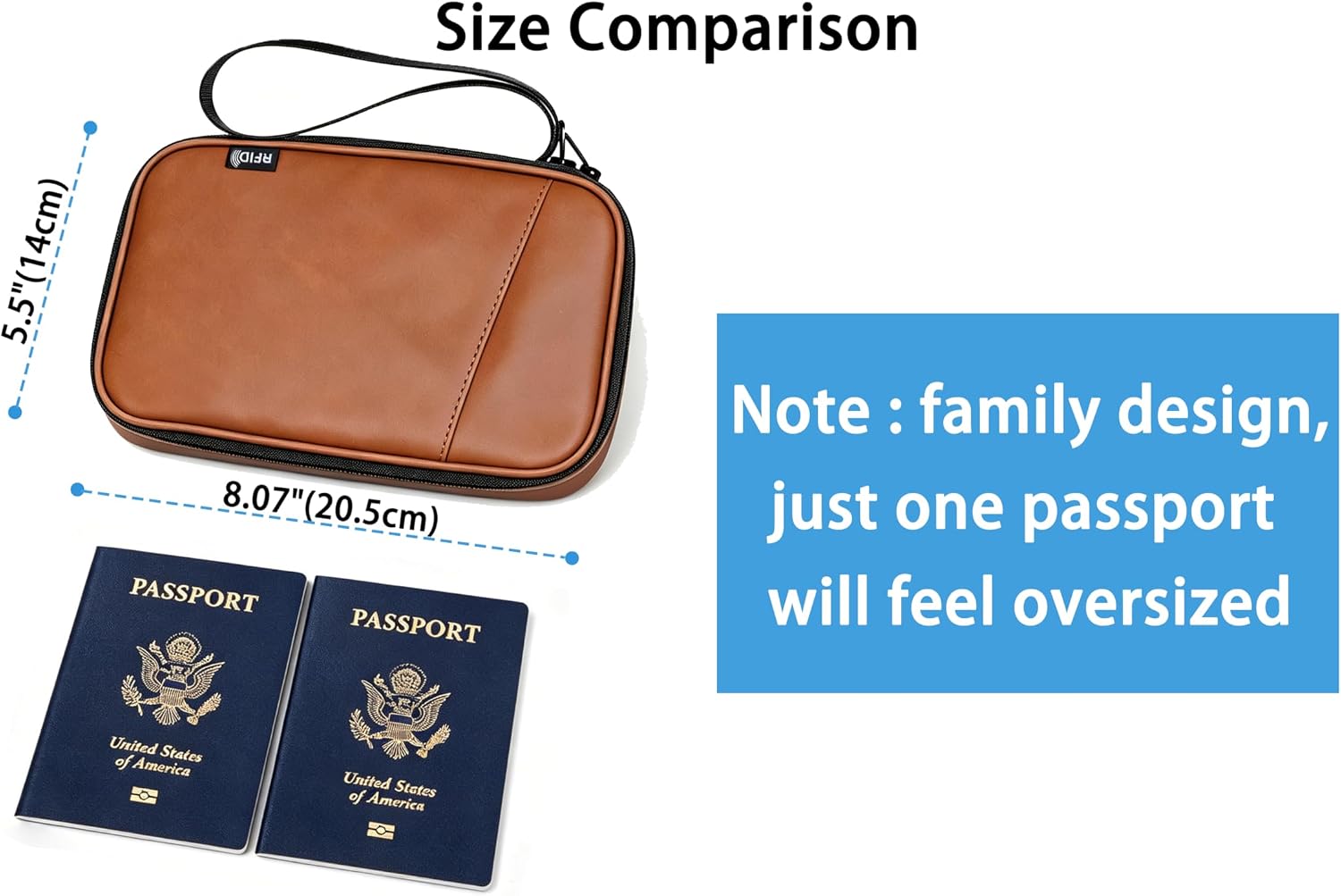Family Passport Holder for 4, Brown | Multiple Passport Bag, RFID Blocking, Waterproof with Zipper, For Travel