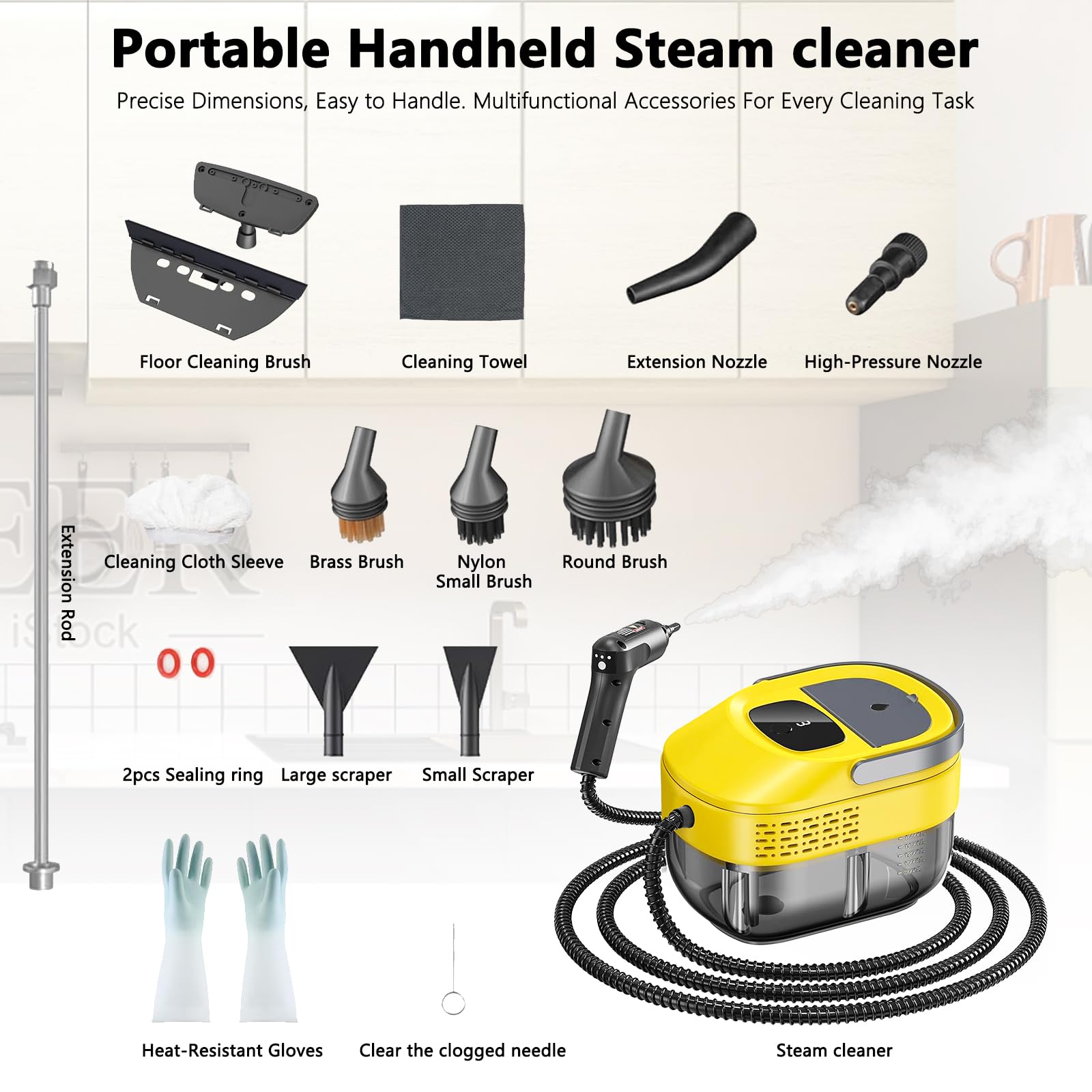 2026 neu 3-stufig einstellbarer dampfreiniger handgerät, 10 Sekunden Aufheizzeit und 1600 ml großer Tank Handdampfreiniger, Dampfreiniger für Haushalt und Auto, Küche, Fenstern (Yellow, 1 Set)