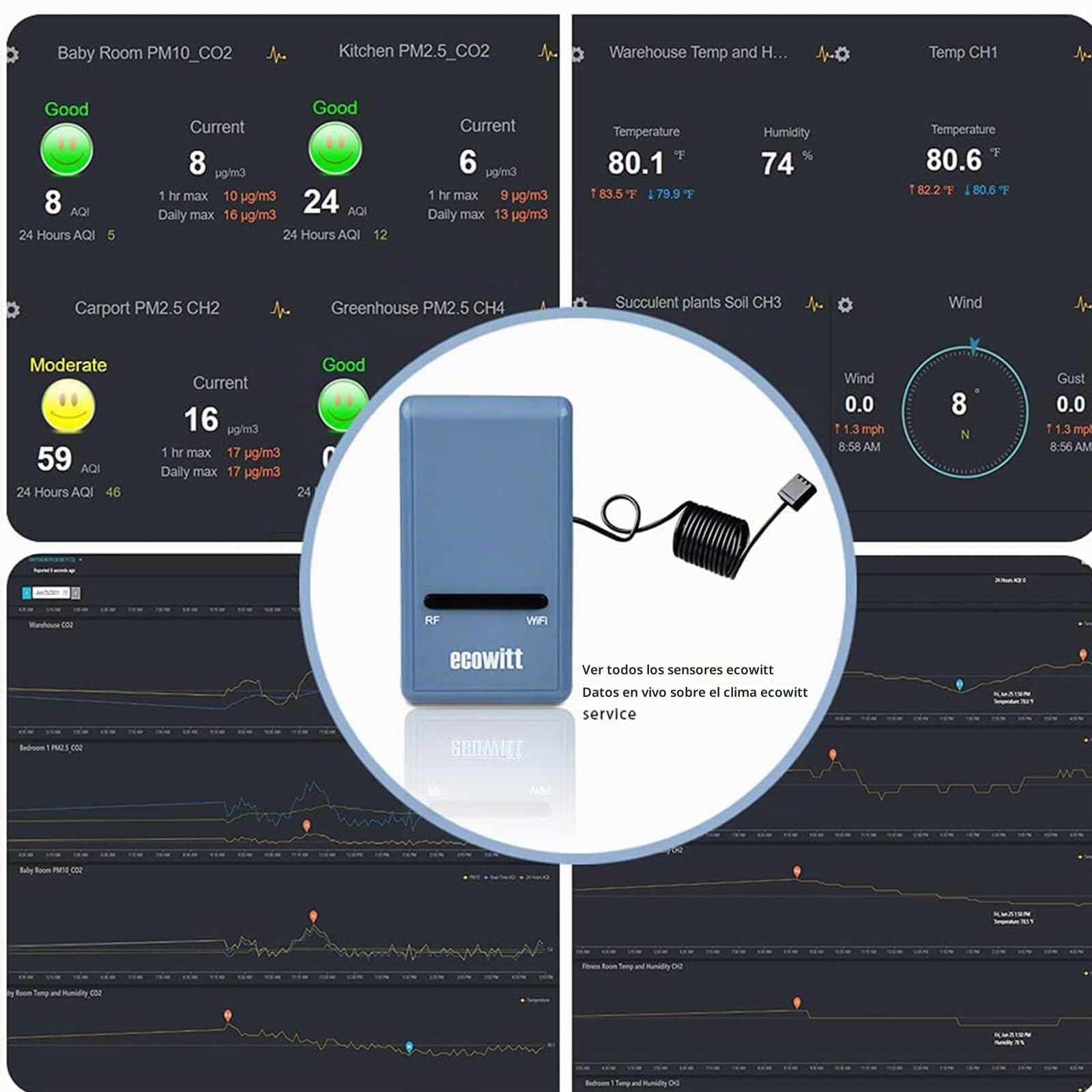 ECOWITT Puerta de enlace con estación meteorológica Wi-Fi con medidor de sensor de humedad del suelo inalámbrico, monitor de agua de planta, agricultura, plantas de interior y exterior