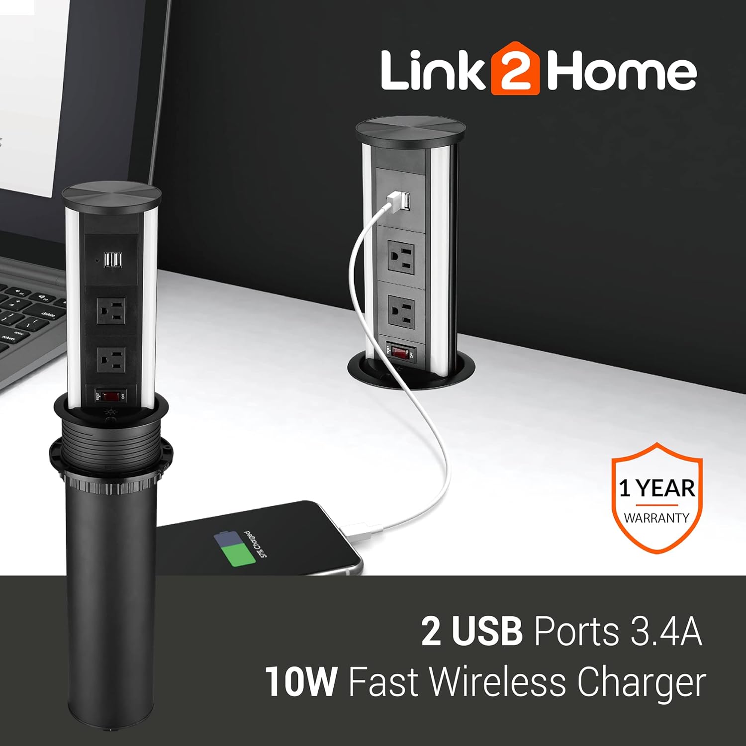 Link2Home Automatic Pop Up with 10W Induction Wireless Charger, 2 Power Outlets 15A, 2 USB Ports 3.4A, Splash Resistant, Black Anodized Finish, for Kitchen Counter Island, Office Table and Workshop