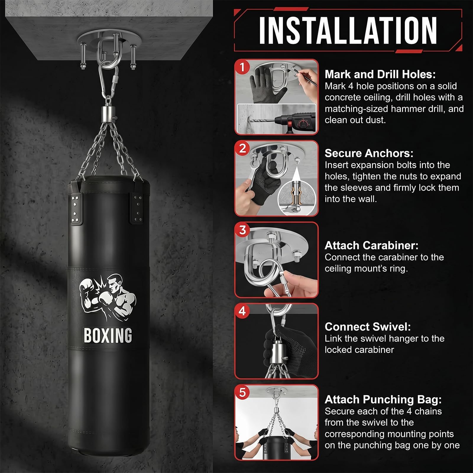 Ninonly - Sacco da boxe per adulti, 100 cm, pesante, con sacco da boxe vuoto, da appendere, palla di reattività, bende per MMA, karate, kickboxing, boxe, casa, palestra, allenamento (non riempito)