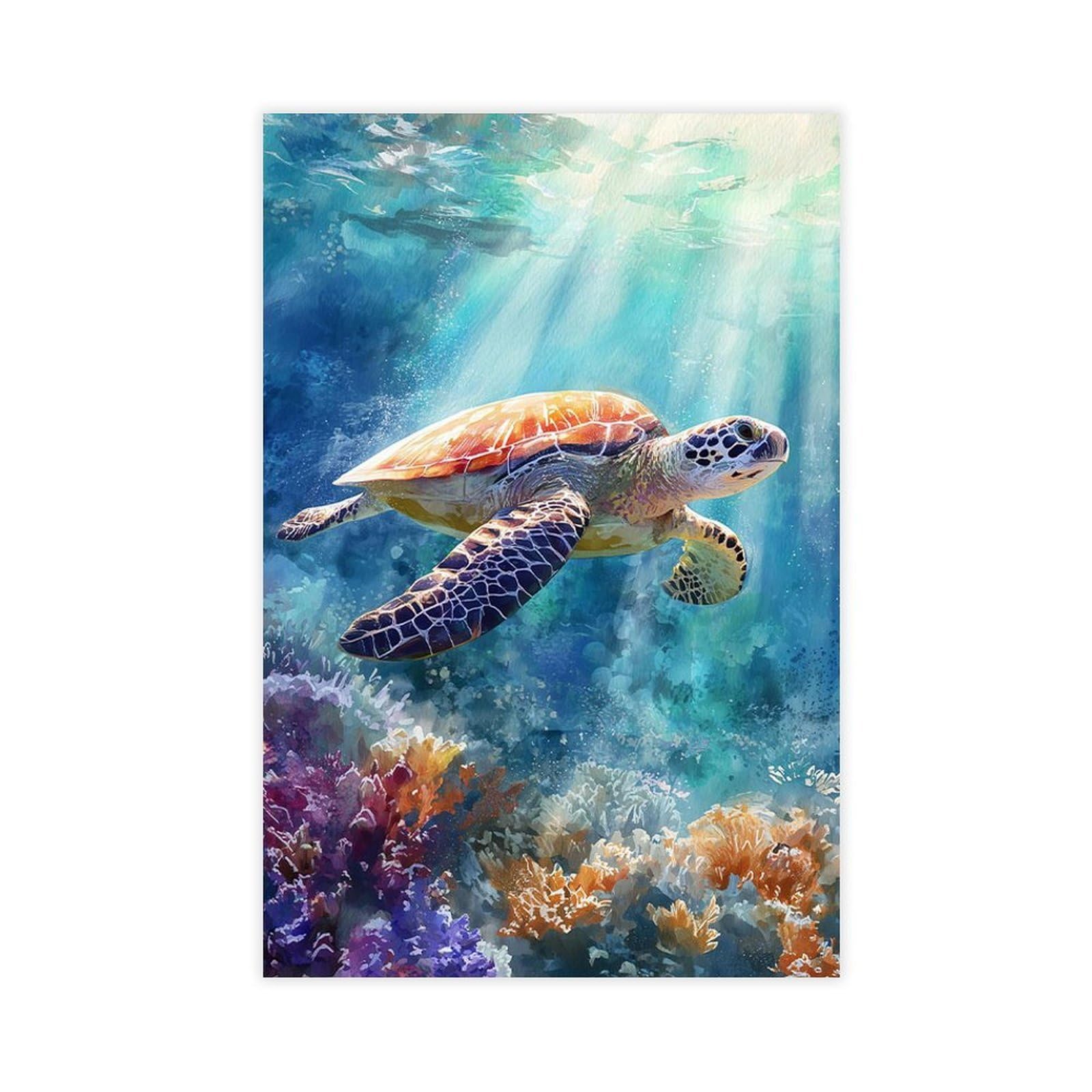 QNVJQKDSI Sea Turtle Swimming in Coral Reef, Ocean Wildlife Art (1) Canvas Poster Bedroom Decor Landscape Office Room Decor Gift 24" L X 36" W