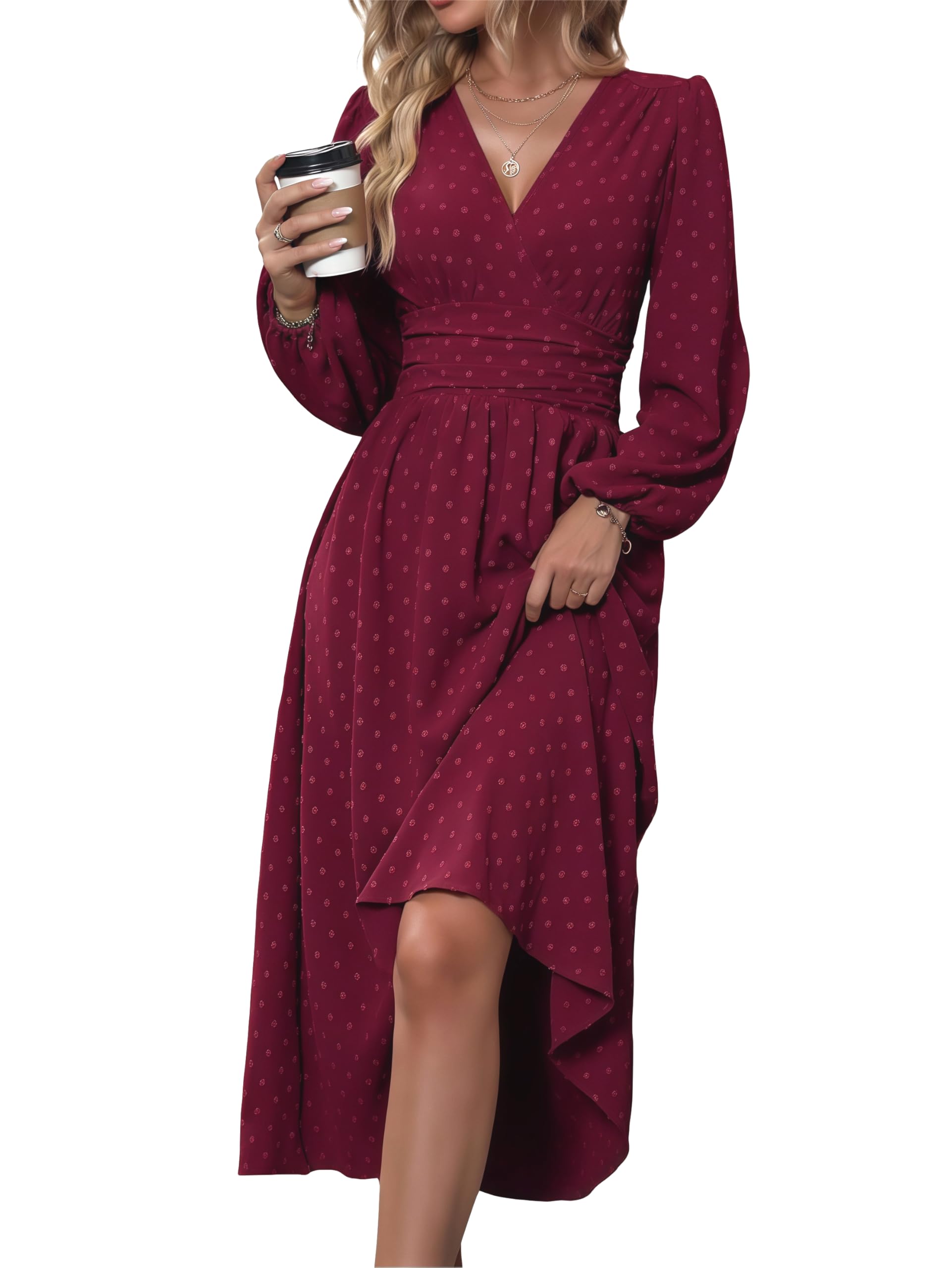 Mettclasi Womens Spring Fall Swiss Dot V Neck Maxi Dress Casual Puff Long Lantern Sleeve A-Line Flowy Dress