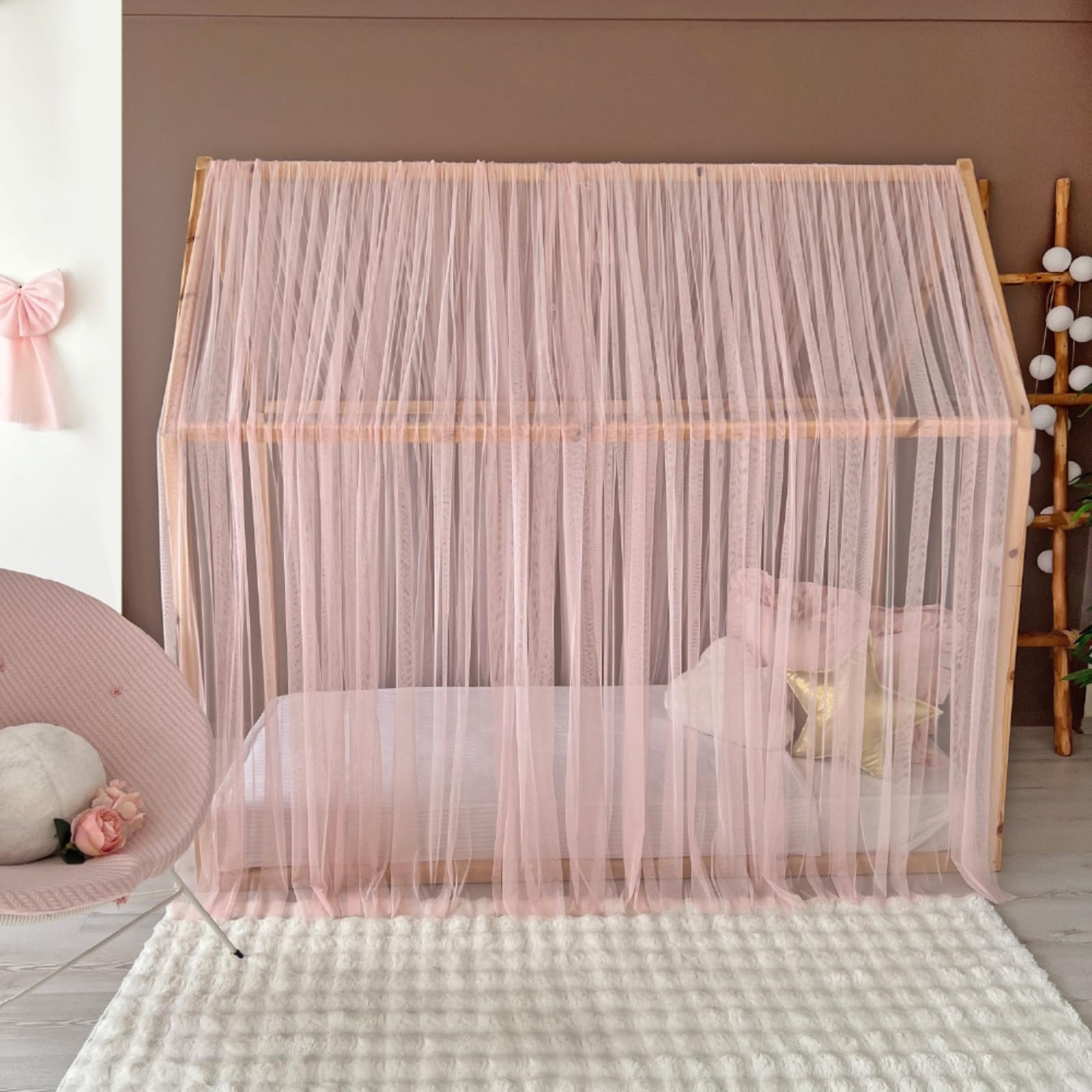 Toldo de cama estilo princesa para niñas, decoración de habitación de niños para camas Montessori, regalo de tul suave para niños pequeños (rosa bebé, 300 cm, sin accesorios)
