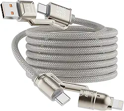 Basike Cabo USB-C 4 em 1, Tipo C Turbo 65W Ultra Rapido Reforçado com Conectores Lightning/Tipo-C/USB-A, Compatível com iPhone, Android, iPad, Tablet e Notebook, 1.2 Metro (Prata, Estilo Tegular)