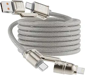Basike Cabo USB-C 4 em 1, Tipo C Turbo 65W Ultra Rapido Reforçado com Conectores Lightning/Tipo-C/USB-A, Compatível com iPhone, Android, iPad, Tablet e Notebook, 1.2 Metro (Prata, Estilo Tegular)