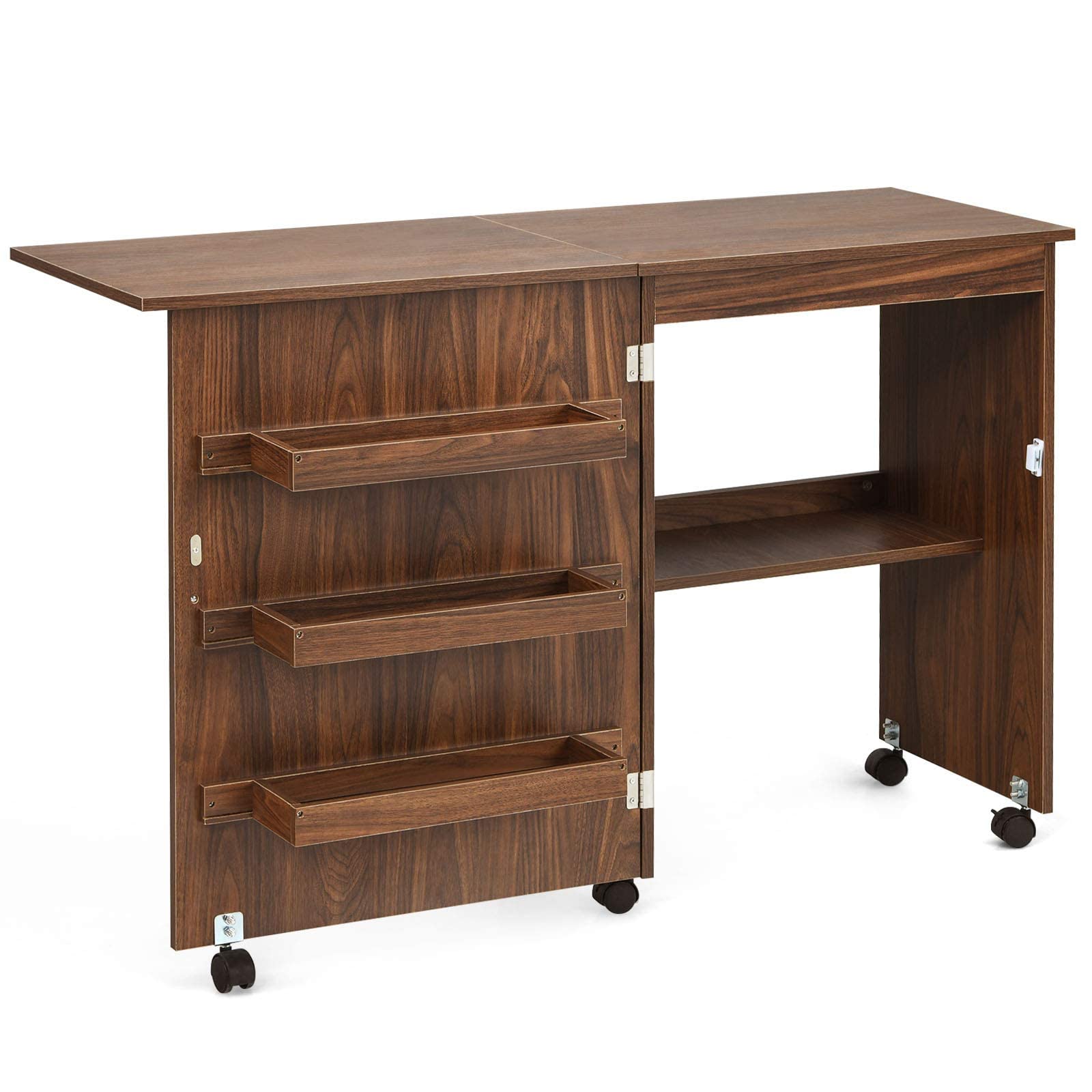 RELAX4LIFE Table Pliable pour Machine à Coudre avec 4 Etagères de Rangement, Armoire à Machine à Coudre avec roulettes avec Freins, Table Pliable en MDF, 117 x 40 x 77 CM, Blanc/Naturel/Brun (Brun)