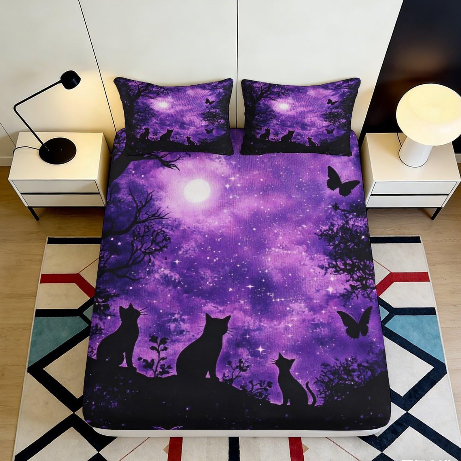 3D Printed Moonlit Cat Night Fitted Sheet Microfiber Soft Purple Sky Butterfly Bed Cover for Bedroom Guest Room Decor 180x200x25cm