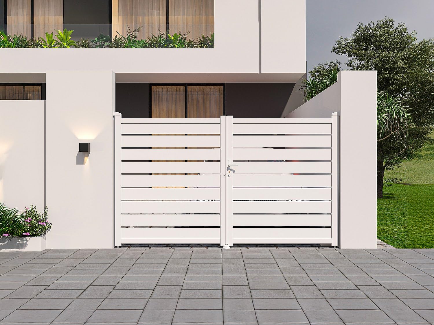 Vente-unique - Puerta batiente eléctrica Primo, aluminio, calada, 305 x 183 cm, color blanco