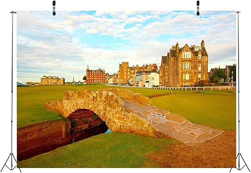 Miniatura 3 de CORFOTO Telón de fondo de tela de 15 x 10 pies para fotografía de campo de golf antiguo de Escocia Swilcan Bridge al atardecer, hermoso fondo
