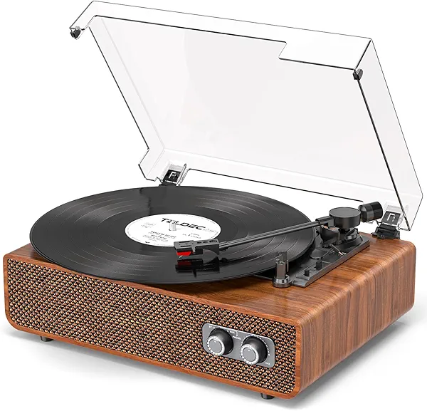 Vinyl Record Player Bluetooth with Upgraded Speakers, Sound Cavity & Counterweight, Vintage 3-Speed Belt-Drive Turntable LP Player with RCA Output, Mid-Century Design