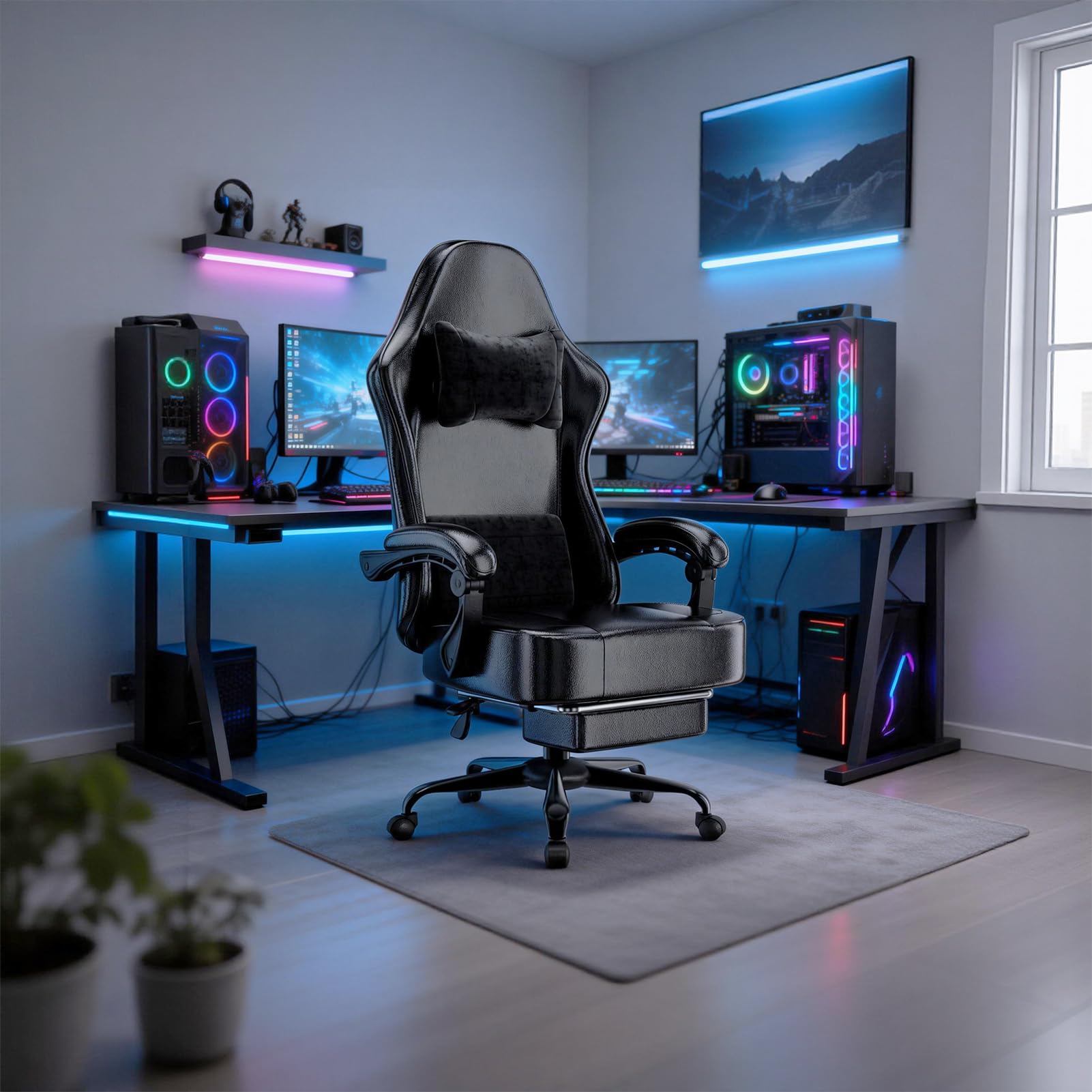 Chaise Gaming pour Adulte, Chaise de Bureau Ergonomique avec Dossier réglable, Fauteuil Gaming avec Appui-tête et Soutien Lombaire, Siege Gaming Rotatif avec Accoudoir (Noir Profond)