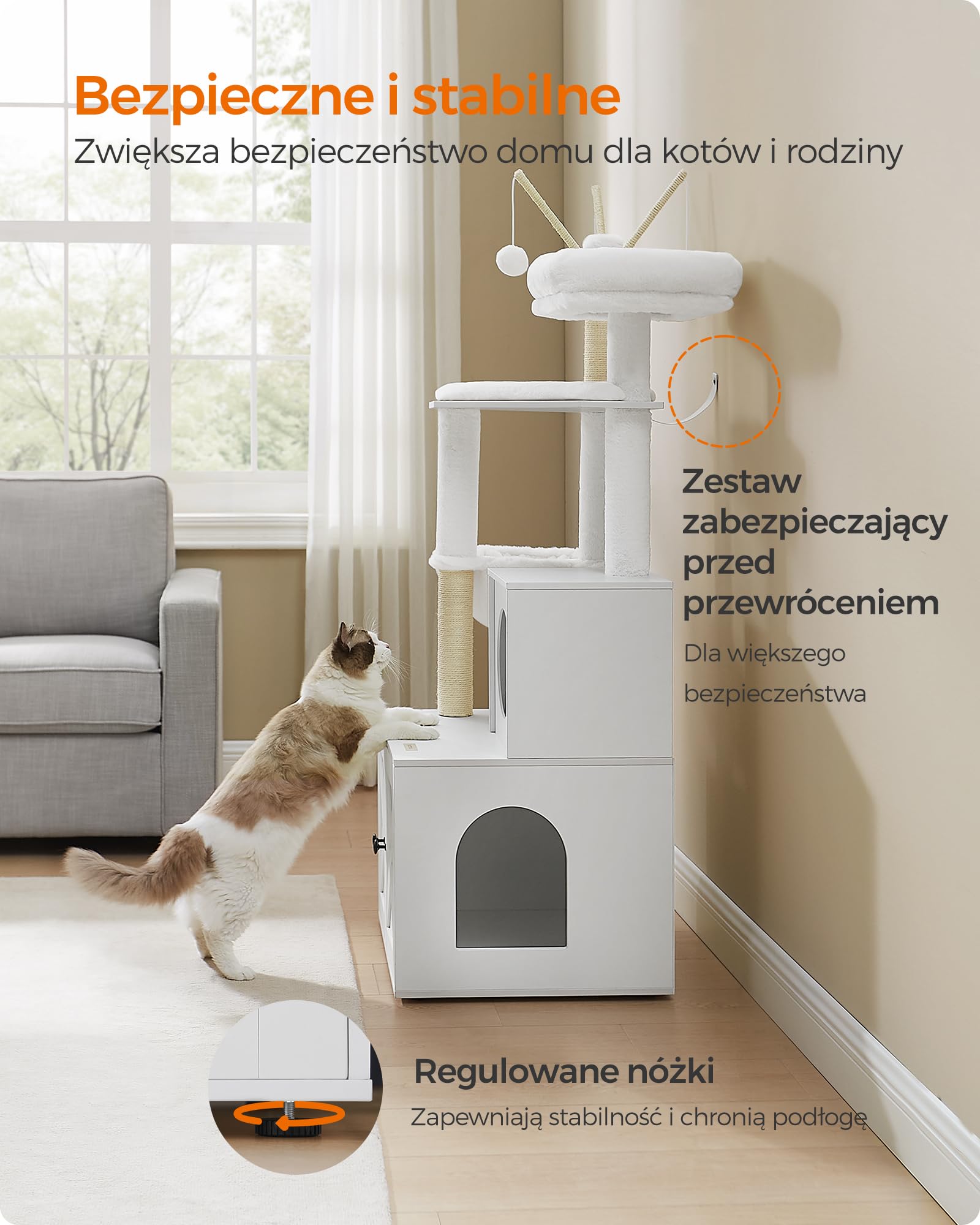 Feandrea Drzewko dla kota z szafką na kuwetę, 151 cm wysokości, 2 w 1, szafka na kuwetę, z słupkami sizalowymi, wyjmowane pluszowe piłki, chmura biała PCT113W01