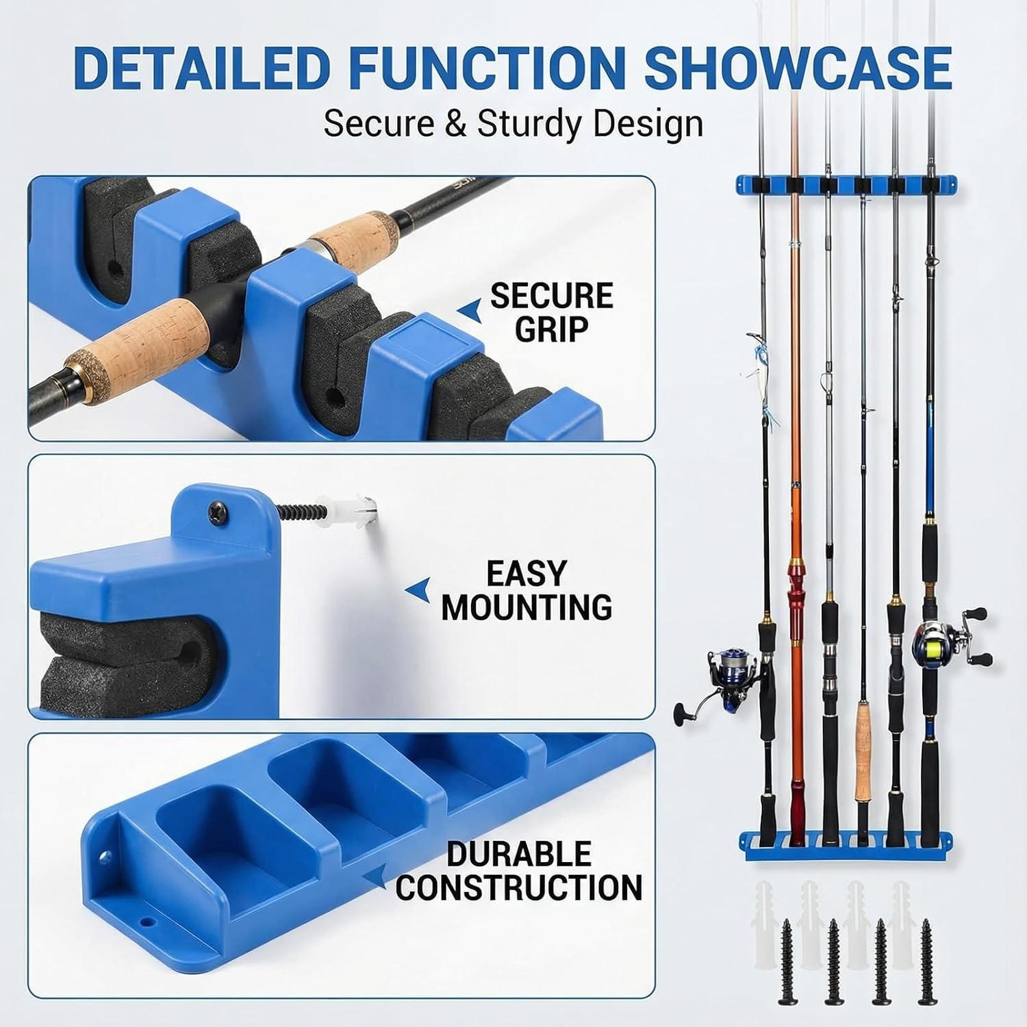 1 Pack Vertical Fishing Pole Holders for Garage, Wall Mounted Fishing Rod Rack, with Premium EVA and Shock-Resistant Base, for Secure Rod Storage in Garage, Boats, Cabins (Holds 6 Rods,Blue)​ image 3