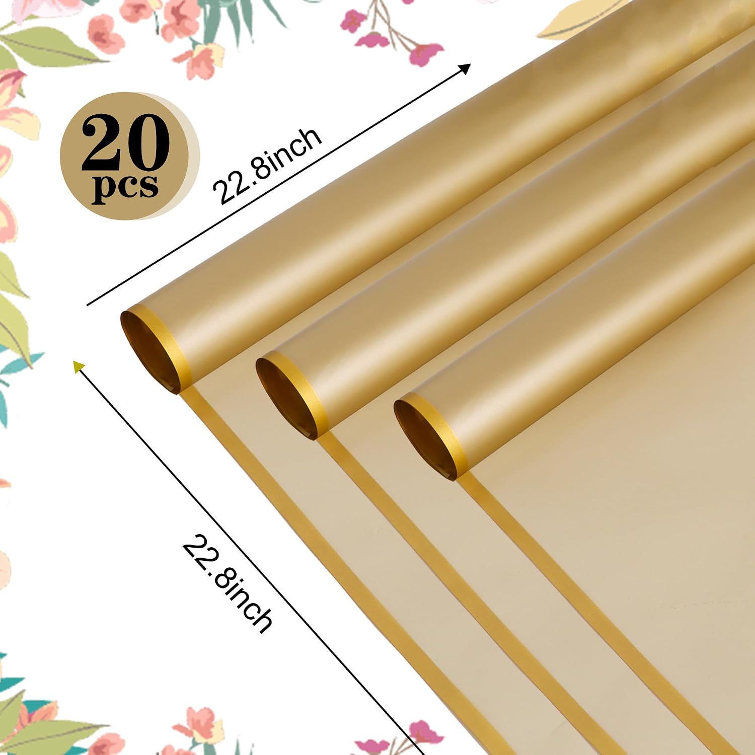BEISHIDA 20 Pcs Flower Bouquet Wrapping Paper - Gold Waterproof Floral Wrap Paper for Florist Supplies Graduation Christmas Valentine's Day Mother's Day Gift Wrapping