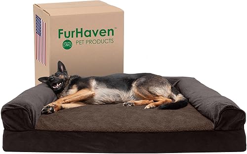 Furhaven Cama para perro, de espuma de gel refrescante, estilo sofá, Sherpa y chenilla, café, gigante extra (XXL)