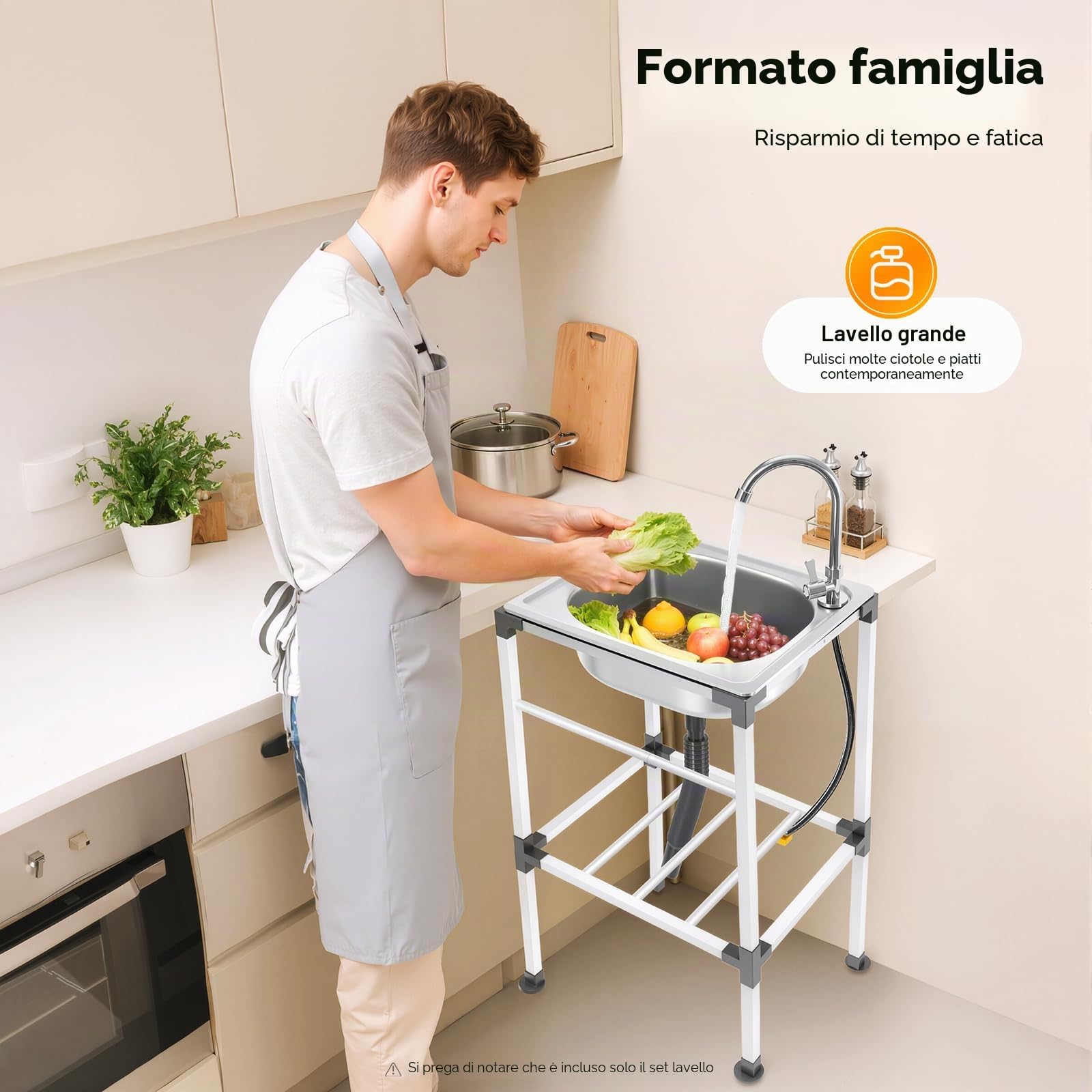 Lavando di cucina in acciaio inossidabile indipendente, multifunzione, lavandino da cucina con rubinetto acqua fredda, lavabo singolo mobile, per cucina, bagno, 38 x 33 x 83 cm, argento