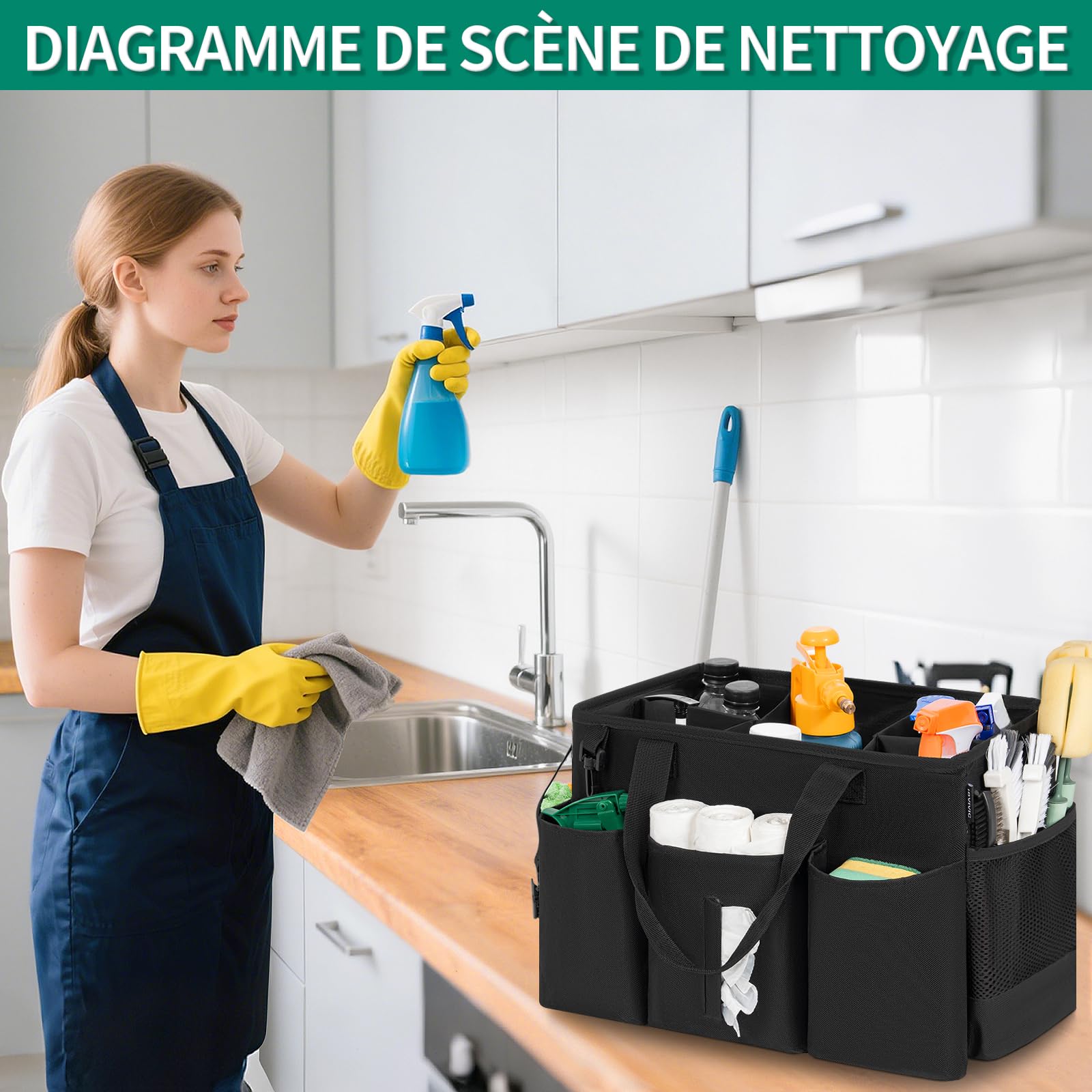 Sac de Nettoyage Portable, Sac Fourre-Tout de Nettoyage avec Poignée et Bretelle, Organiseur de Fournitures de Nettoyage avec Coussin Rigide et 4 Séparateurs pour Femme de Menage, Nettoyeur