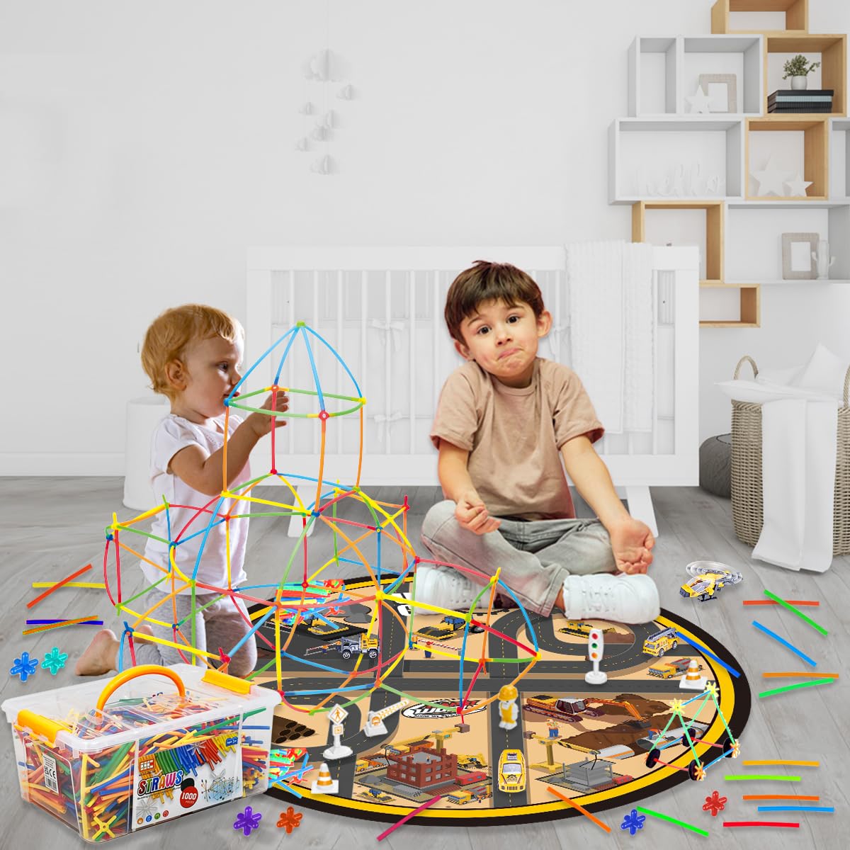 xwin sportseries 2-in-1 STEM Building Block Set 1000 Pcs Straw Constructor with Carpet Case Car Toy & Die-Cast Metal Cars on a Playmat, Educational Learning Creative Building Games