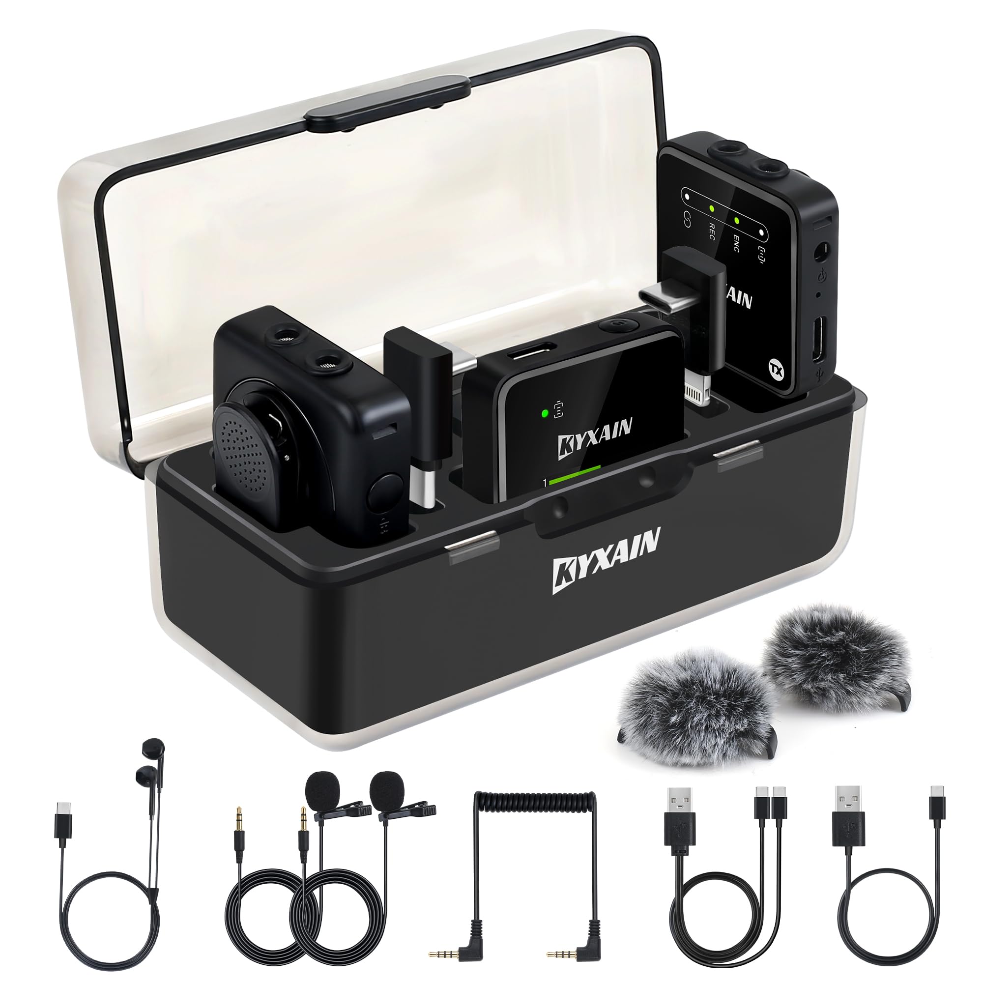 KYXAINWireless Lavalier Microphone M29 2.4G Dual Transmitter 48KHz 128Bit Lapel Mic 328FT 12H for Online Class Vlog Stream YouTube for Camera Smartphone Tablet