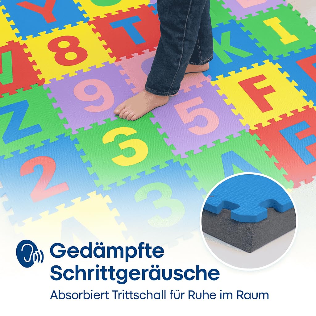 Tappetino puzzle 36 piastrine (86 pezzi) in gomma con lettere e numeri, 180 x 180 cm (3,24 m2)