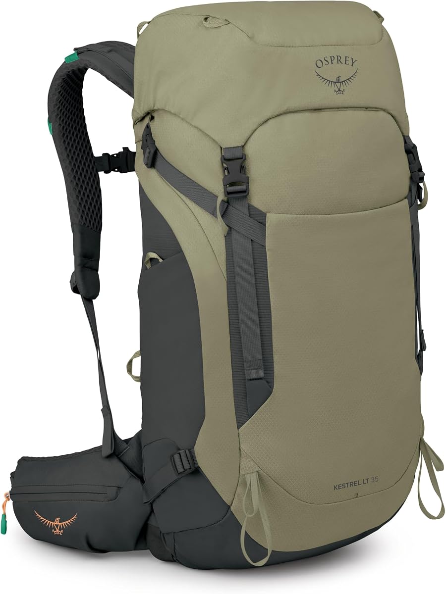 Osprey Kestrel LT 35L Men's Backpacking Backpack - Lightweight Hiking & Camping Bag with Waterproof Raincover, Olive Tan