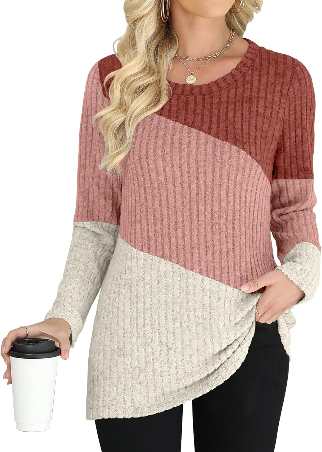 AYIFU Womens Lightweight Sweaters Long Sleeve Knit Color Block Sweater Crewneck Tops for Casual Fall Winter Tunic - Image 2