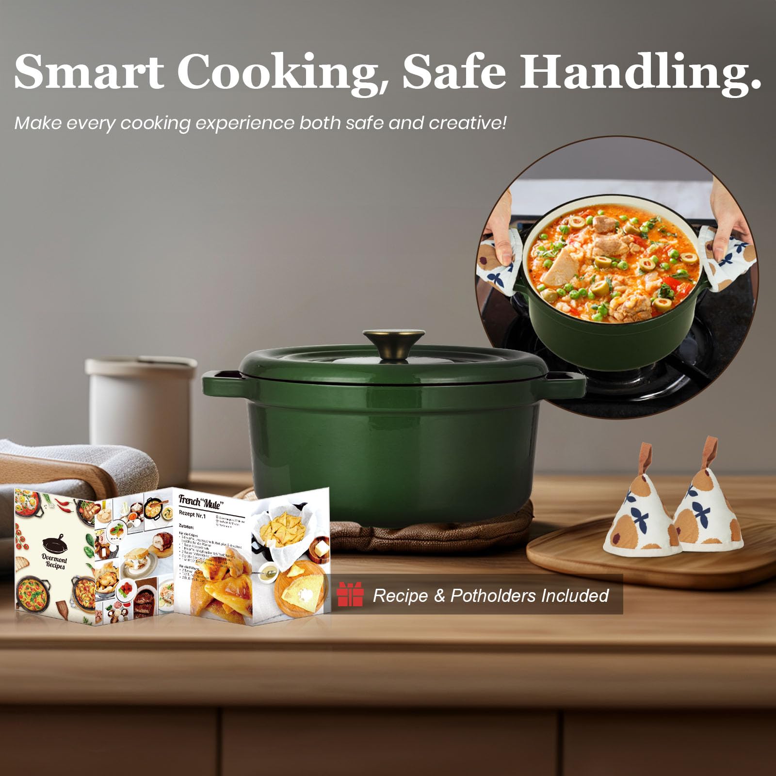 Overmont Forno olandese in ghisa smaltata – Pentola con coperchio, libro di cucina e presine in cotone, resistente per brasare, stufare, arrostire, cuocere il pane