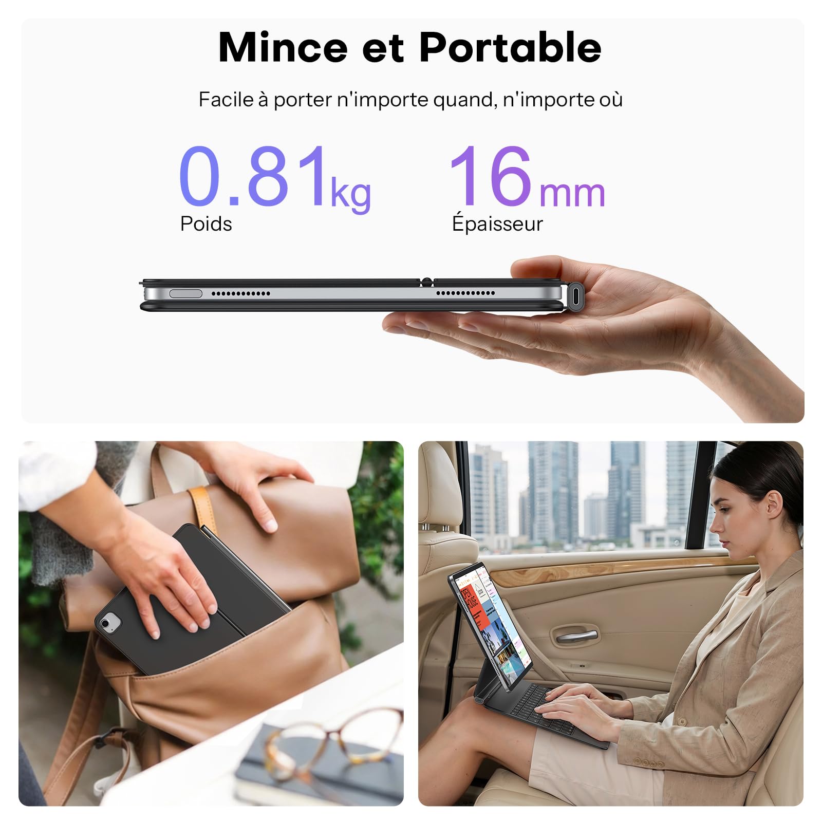 OMOTON Clavier AZERTY pour iPad Air 13 Pouces (M4/M3/M2) Magic Keyboard iPad Pro 12.9 (6/5/4/3 Gen), Pavé Tactile Intégral, Étui Clavier sans Fil magnétique Rétroéclairé, Portable, KC014