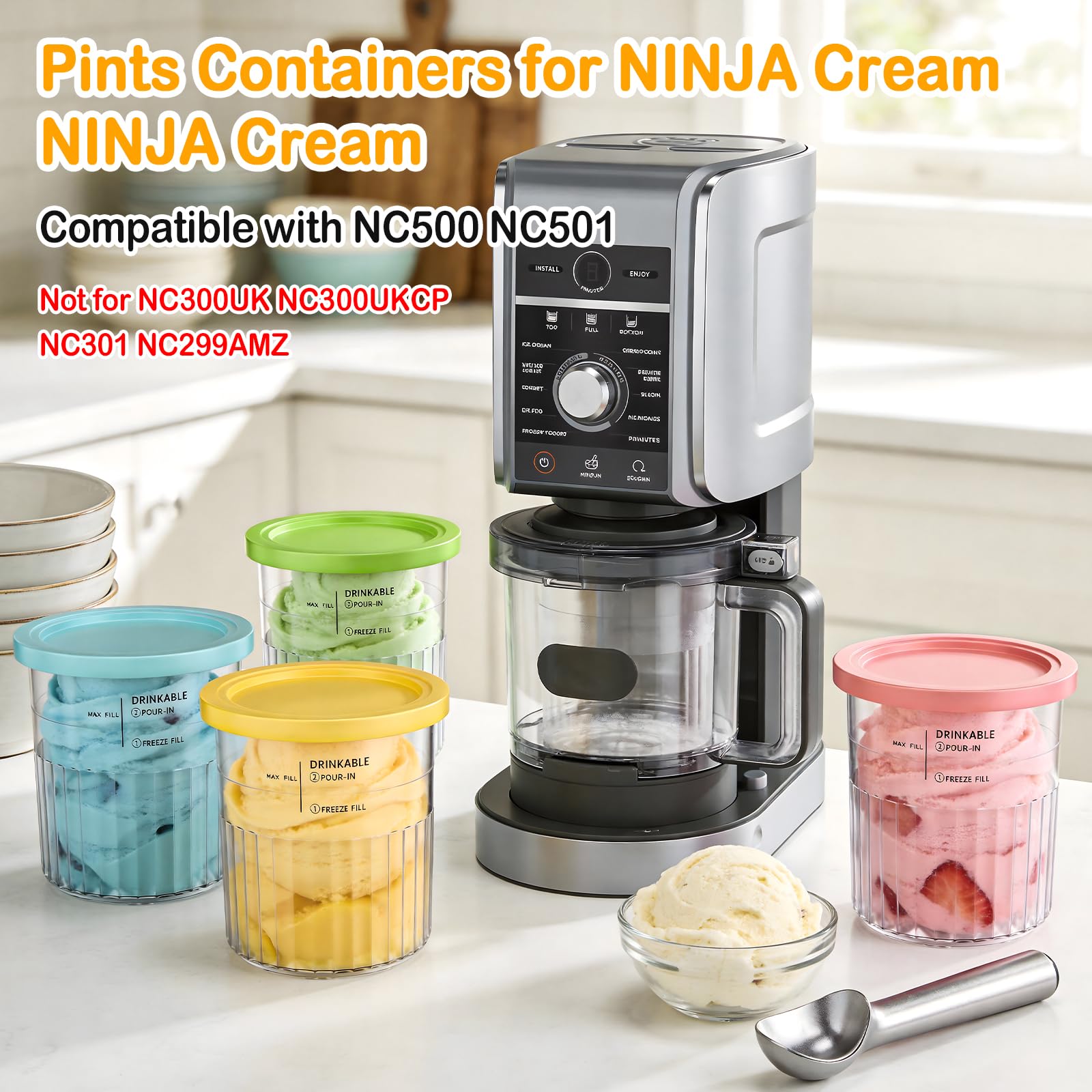 Kssvzz Lot de 4 Pots pour Ninja Creamy Deluxe, 680ML Bacs Compatible avec Ninja NC501/NC500 Series, Accessoires pour Machine à Glace avec Cuillère en Aluminium, Lave-Vaisselle, sans BPA