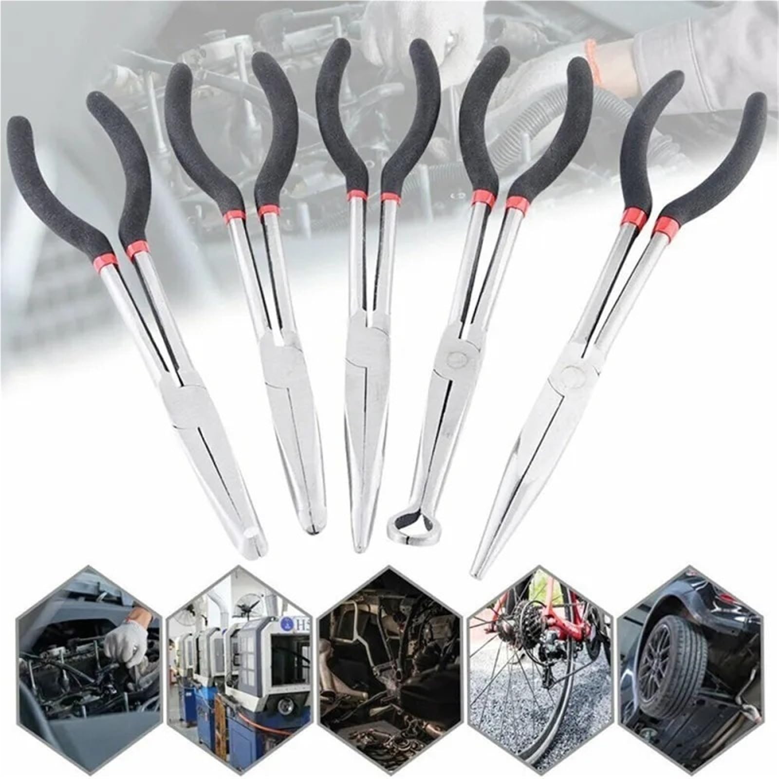 Set Di Pinze Set di 5 pinze a becchi da 280 mm, dritte, curve a 25°/45°/90° e tondi, utensili manuali ergonomici antiscivolo for riparazioni auto fai te