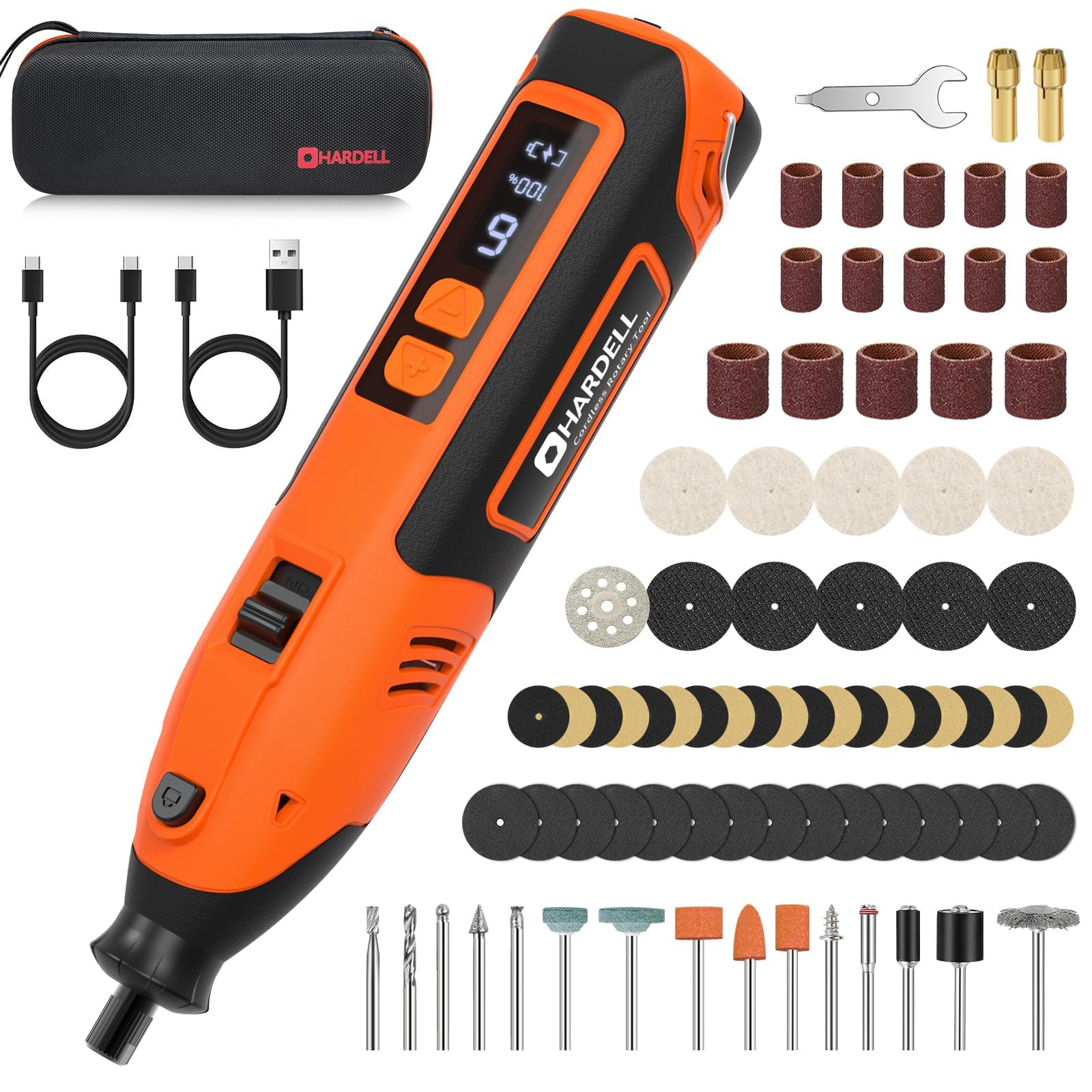 HARDELL 12V Outil Rotatif Multifonction Sans Fil, 5-Vitesses 18000tr/min Max, Mini Perceuse Sans Fil Avec Lumière LED, 61 Pièces Accessories pour Sculpture, Polissage, Ponçage, Perçage et Bricolage