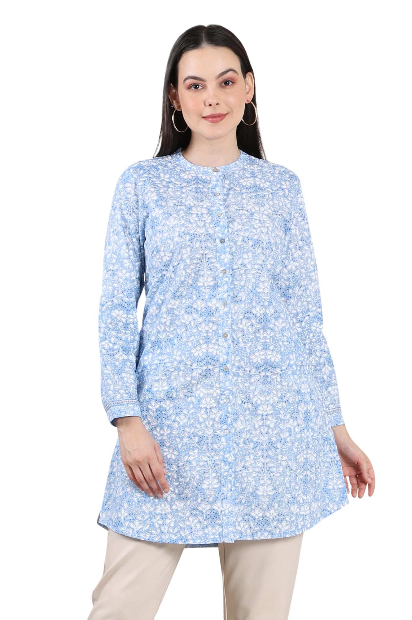 w for woman Blue Floral Printed Mandarin Collar Pure Cotton Tunic-picture-28