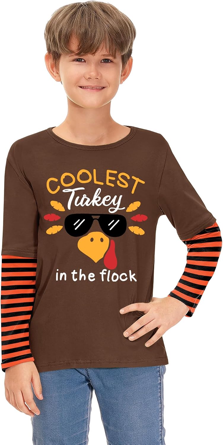 BesserBay Big Girls Boys Brown Thanksgiving Crewneck Top Coolest Turkey Striped Long Sleeve Tshirt 11-12 Years