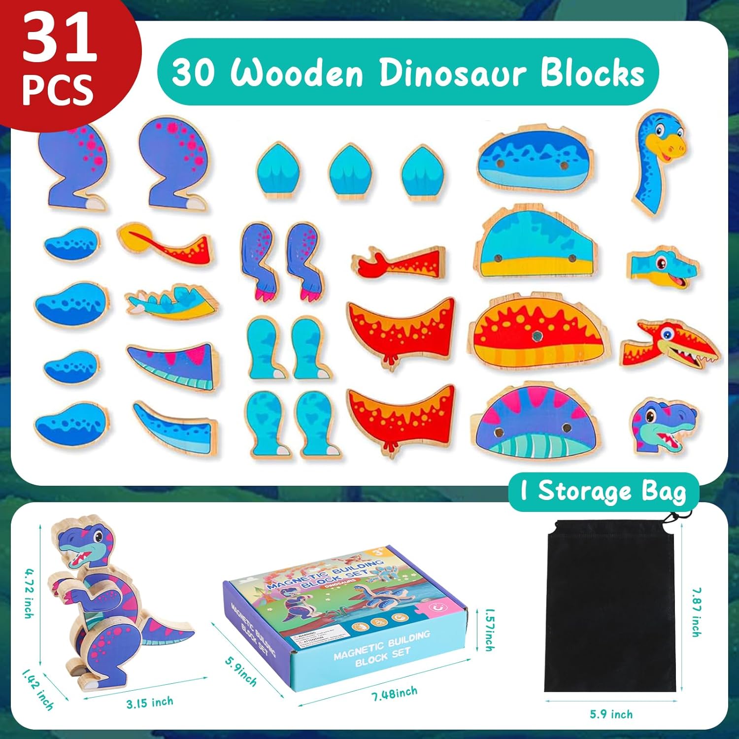 Magnetic Dinosaur Building Blocks, Wooden Dino Snap Blocks, STEM Take Apart Dinosaurs Playset, Montessori Fine Motor Skills Educational Learning Toy, Preschool Gift for 3 4 5 6 Years Kids