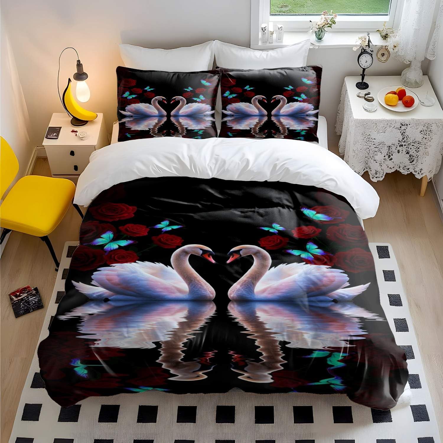 Housse de couette imprimée 3D HD cœur cygne rose pivoine 135x200