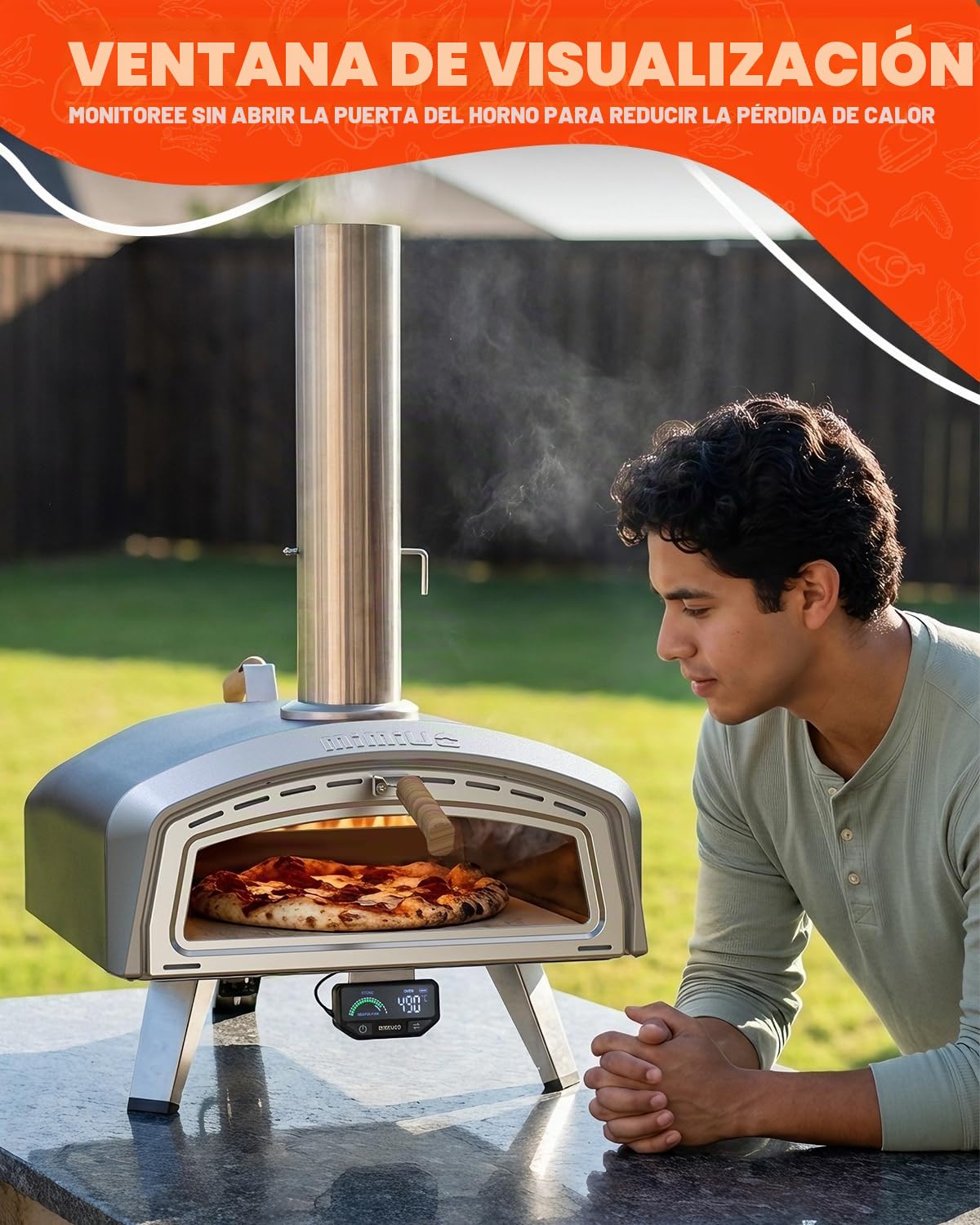 Mimiuo Horno Pizza Exterior Leña y Carbón – Horno Portátil de Acero Inoxidable con Ventana de Visualización y Termómetro LCD, 90s Horneado Rápido, Gran Capacidad para Pizza Napolitana Auténtica