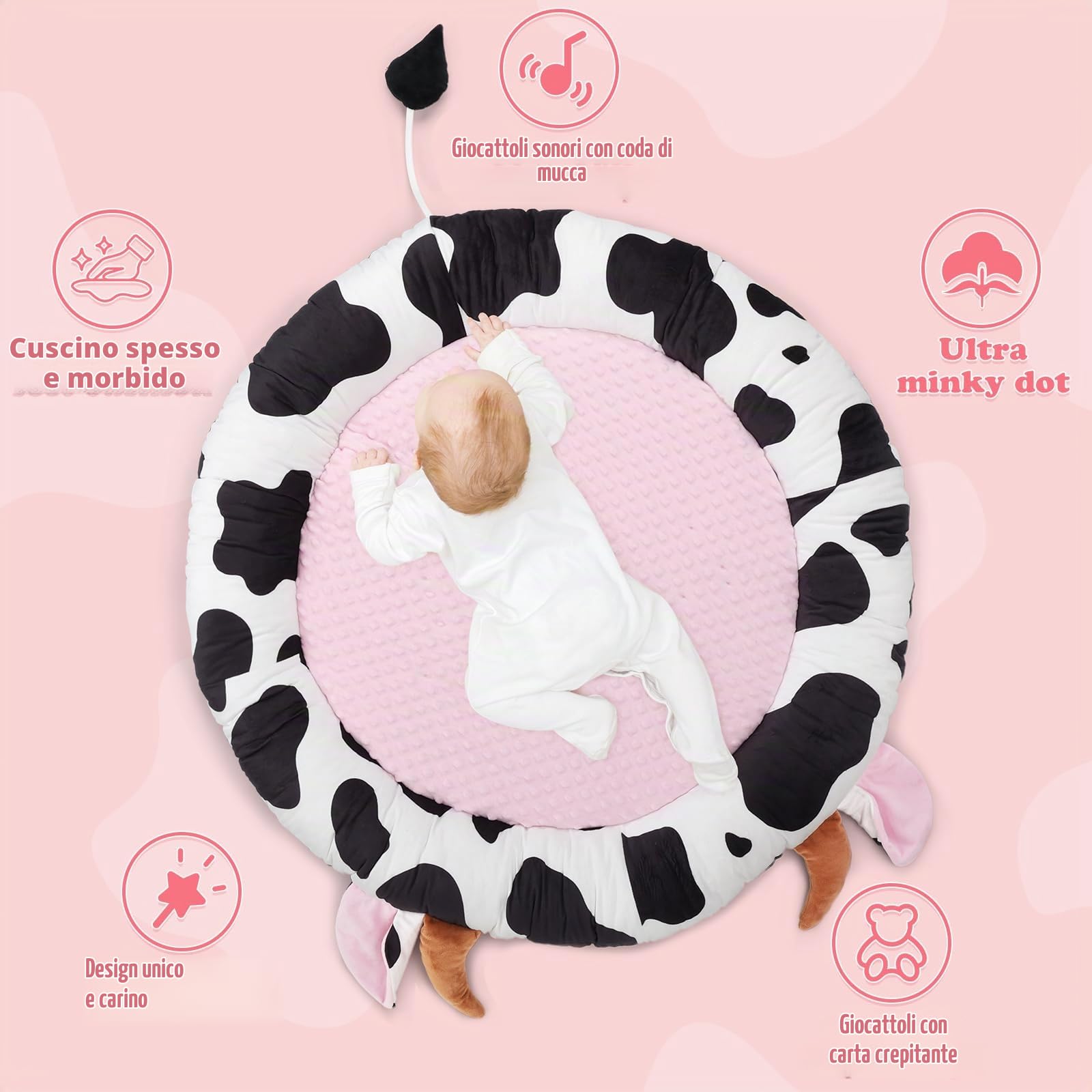 Palestrina Neonate,Vacca Tappeto Gioco Neonate, 3in1 Antiscivolo Addensato | Tappetino per Attività Sensoriali,Arco Di Gioco,6 Giocattoli Rimovibili,Regalo Neonate,0-3-6-9-12 Mesi
