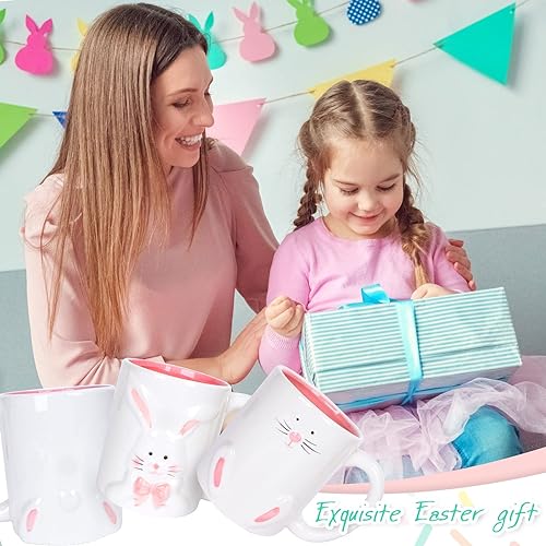 Miniatura 4 de Whaline 2 tazas de Pascua de 12 onzas, tazas de café de cerámica de conejo, conejo, rosa, blanco, tazas de vacaciones, regalos de inauguración de la