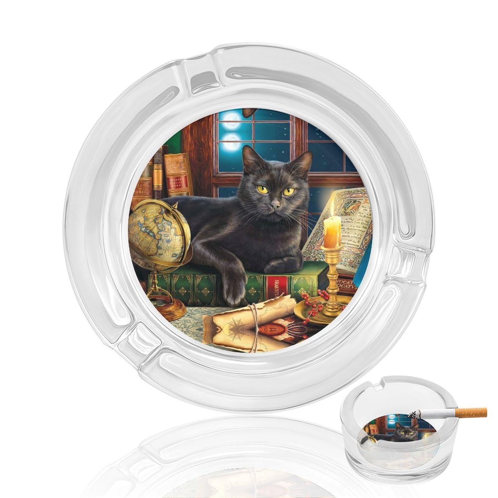 Black Cat Ashtray Portable Round Glass Outdoor Ash Tray for Home Office Garden Pub