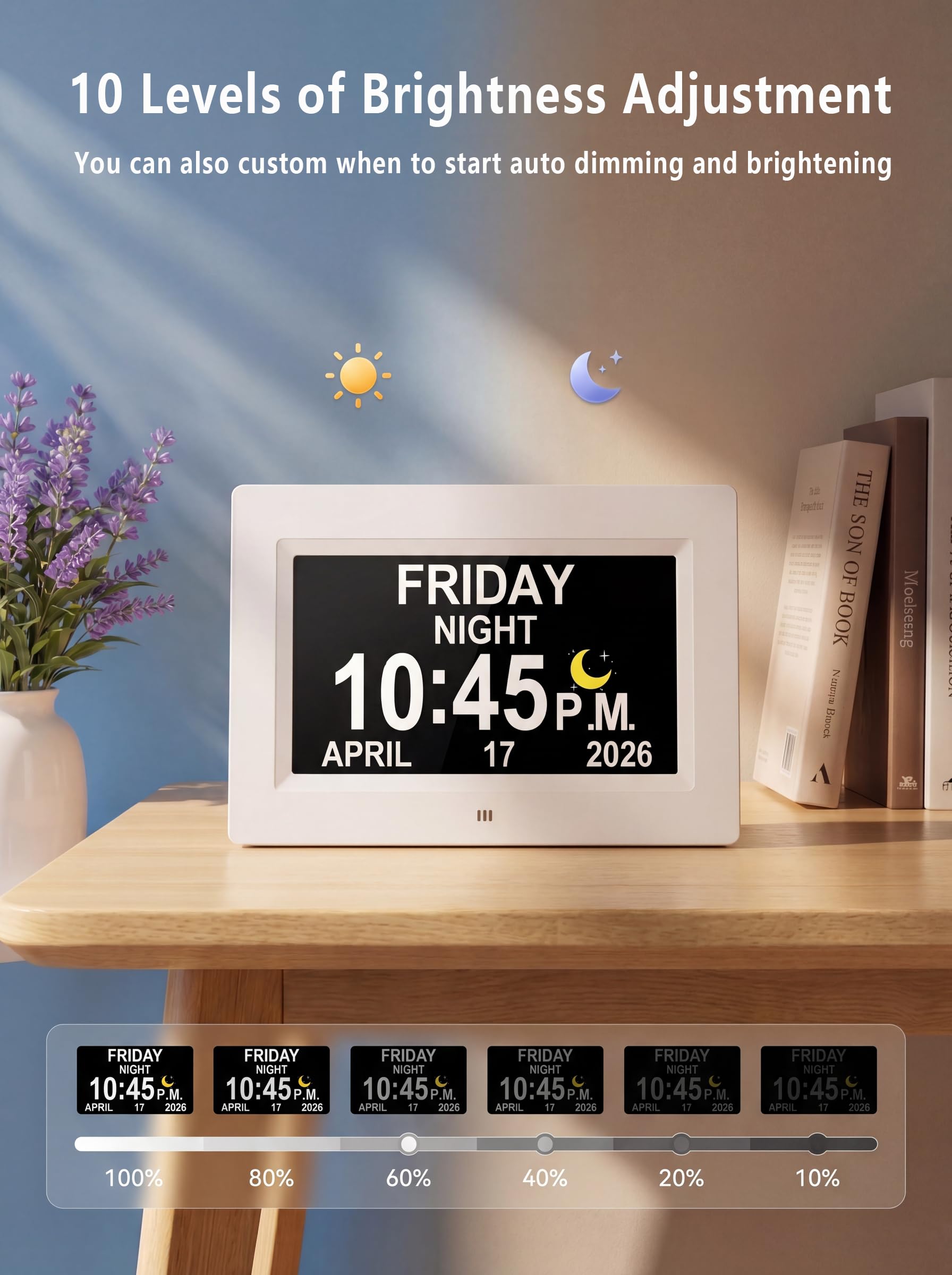 Reloj Digital de 19 alarmas con DST automático, Hora de conversación, 20 recordatorios Personalizados, regulador automático de 10 Niveles, Entrenador de sueño, Calendario de día y Fecha para Personas