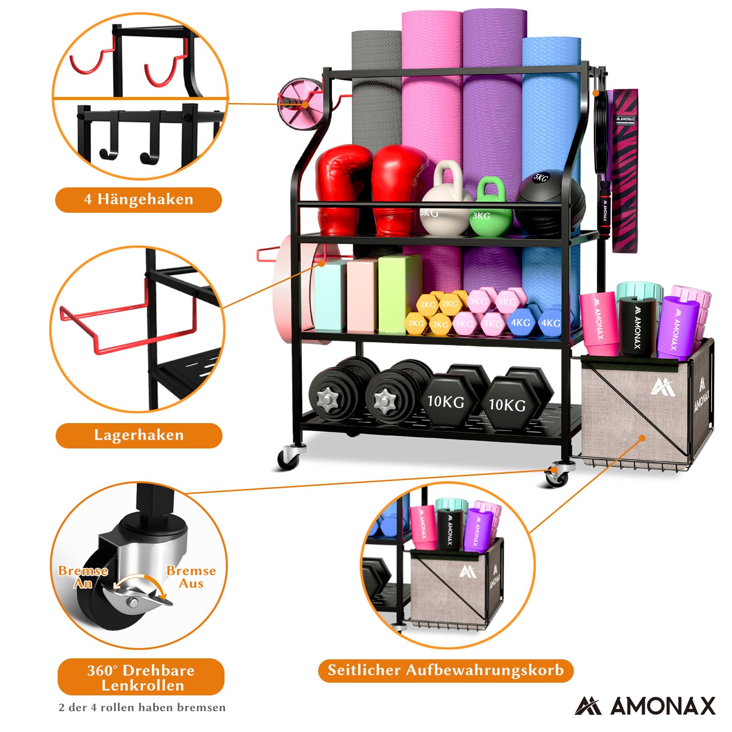 Amonax Hantelständer Fitnessstudio, Kettlebell Rack Kurzhantelständer Yoga Matte Regal, Hantel Ständer Für Langhantelpolster Faszienrolle, Fitness Geräte Zuhause Home Organizer Gym Zubehör