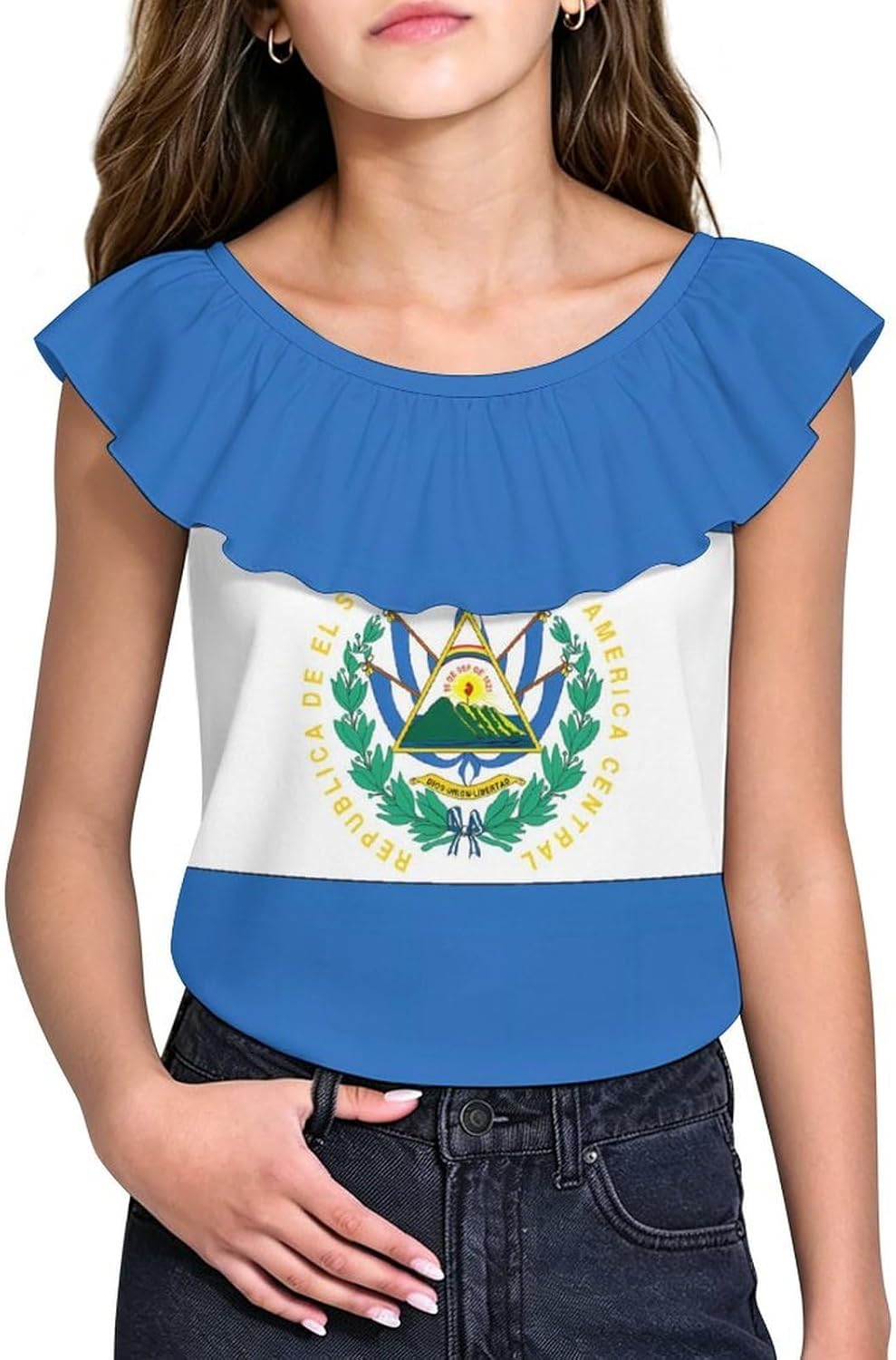 Flag of El Salvador Girls T-Shirts Top Ruffle Short Sleeve Blouse Casual Graphic Tees